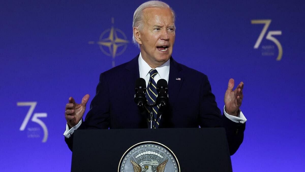 <div class="paragraphs"><p>Joe Biden speaks at a NATO event to commemorate the 75th anniversary of the alliance, in Washington, U.S., July 9, 2024.</p></div>