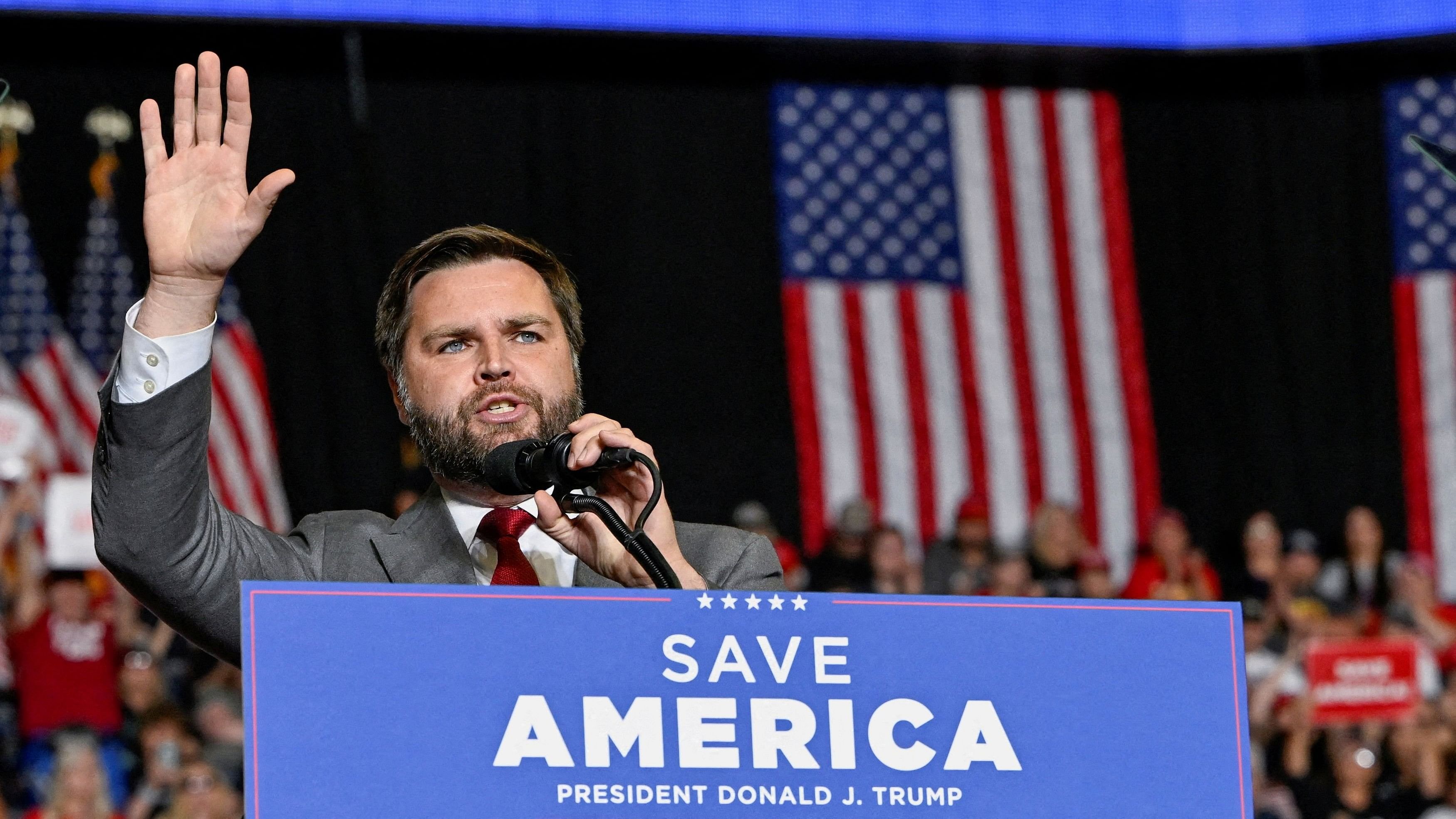 <div class="paragraphs"><p>US Senate Republican candidate JD Vance speaks to attendees the stage at a rally held by former US president Donald Trump in Youngstown, Ohio, US.</p></div>