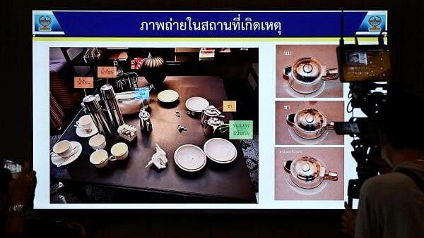 <div class="paragraphs"><p>A screen shows a picture from the crime scene with teacups in which cyanide was found, during a presser following a case of six foreign nationals who were found dead in a room in a plush Bangkok hotel at Lumpini Police Station, in Bangkok, Thailand, July 17, 2024</p></div>