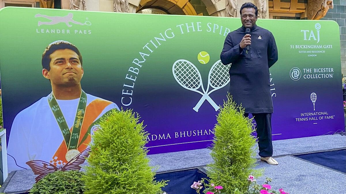 <div class="paragraphs"><p>Former tennis player Leander Paes speaks about his International Hall of Fame induction, in London, Saturday, July 6, 2024.</p></div>