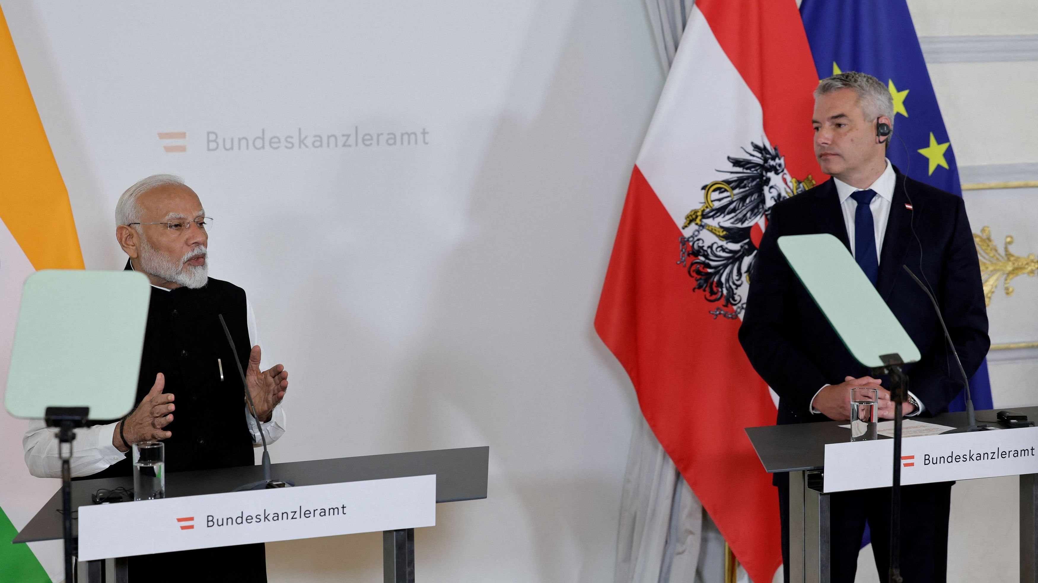 <div class="paragraphs"><p>Prime Minister Narendra Modi speaks during a press conference with Austrian Chancellor Karl Nehammer in Vienna, Austria on July 10, 2024.</p></div>