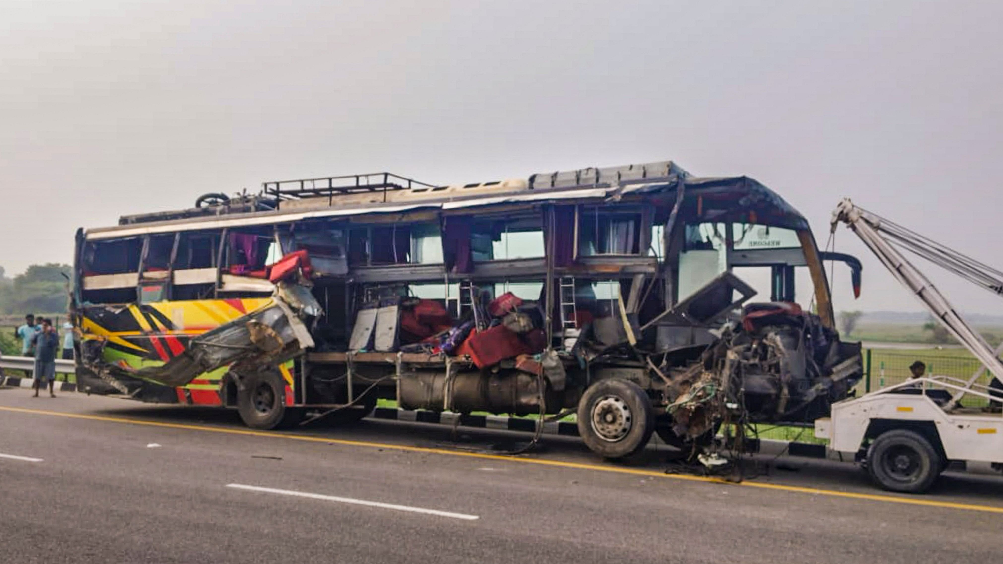 <div class="paragraphs"><p>Unnao: Mangled remains of a bus being towed after an accident, in Unnao district, Wednesday, July 10, 2024.</p></div>