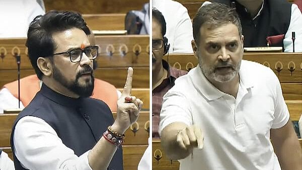 <div class="paragraphs"><p>In this combo of two pictures, Leader of Opposition in Lok Sabha and Congress MP Rahul Gandhi (R) and BJP MP Anurag Thakur in the House during the Monsoon session of Parliament, in New Delhi, Tuesday.&nbsp;</p></div>