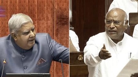 <div class="paragraphs"><p>Rajya Sabha Chairman Jagdeep Dhankhar reacts as Leader of Opposition Mallikarjun Kharge speaks in the House during ongoing Parliament session.</p></div>