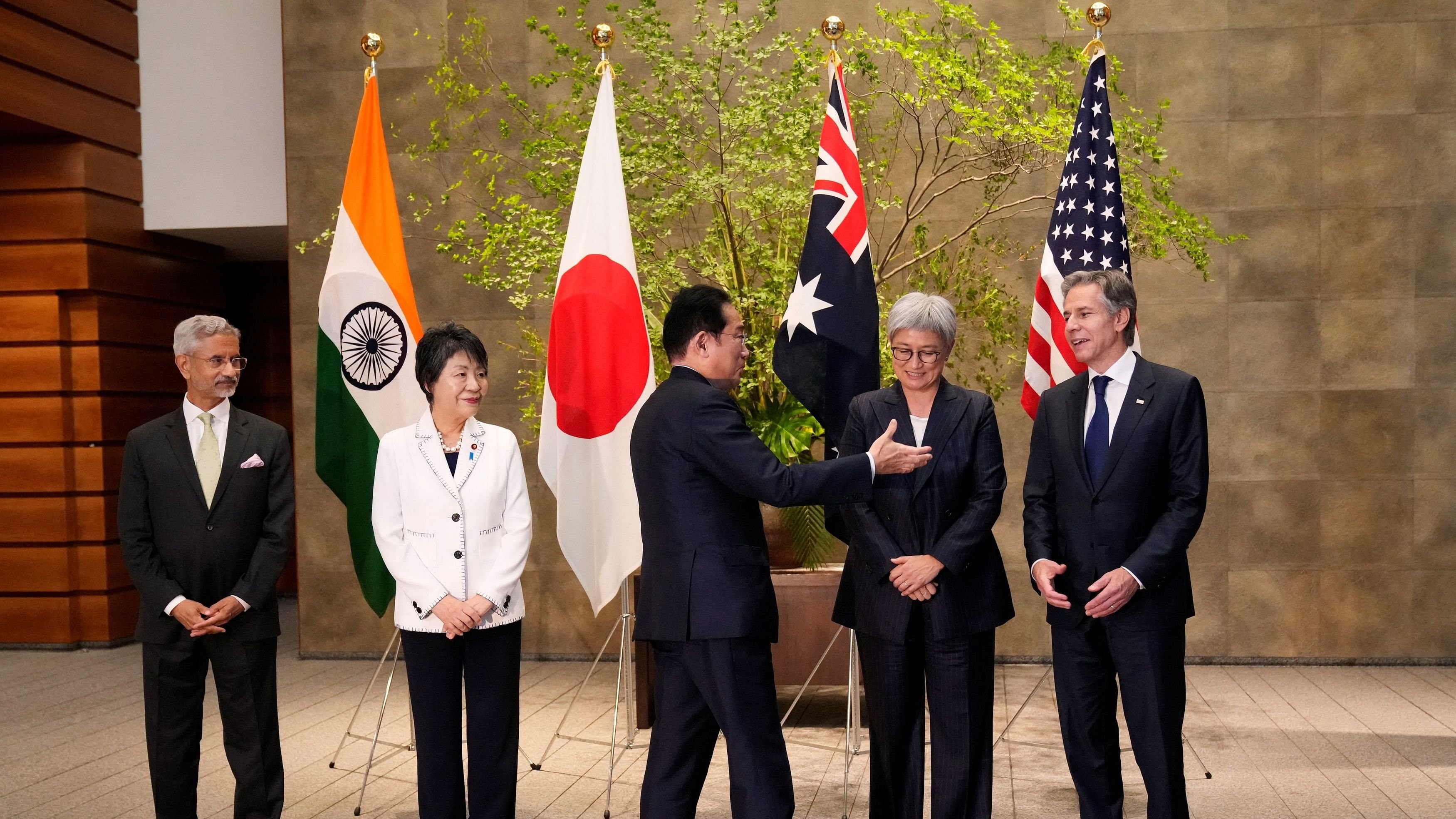 <div class="paragraphs"><p>Japanese Prime Minister Fumio Kishida greets US Secretary of State Antony Blinken as he meets with Indian Foreign Minister Subrahmanyam Jaishankar, Japanese Foreign Minister Yoko Kamikawa and US Secretary of State Antony Blinken at the Prime Minister's office after the four ministers participated in their Quad meeting in Tokyo, Japan</p></div>