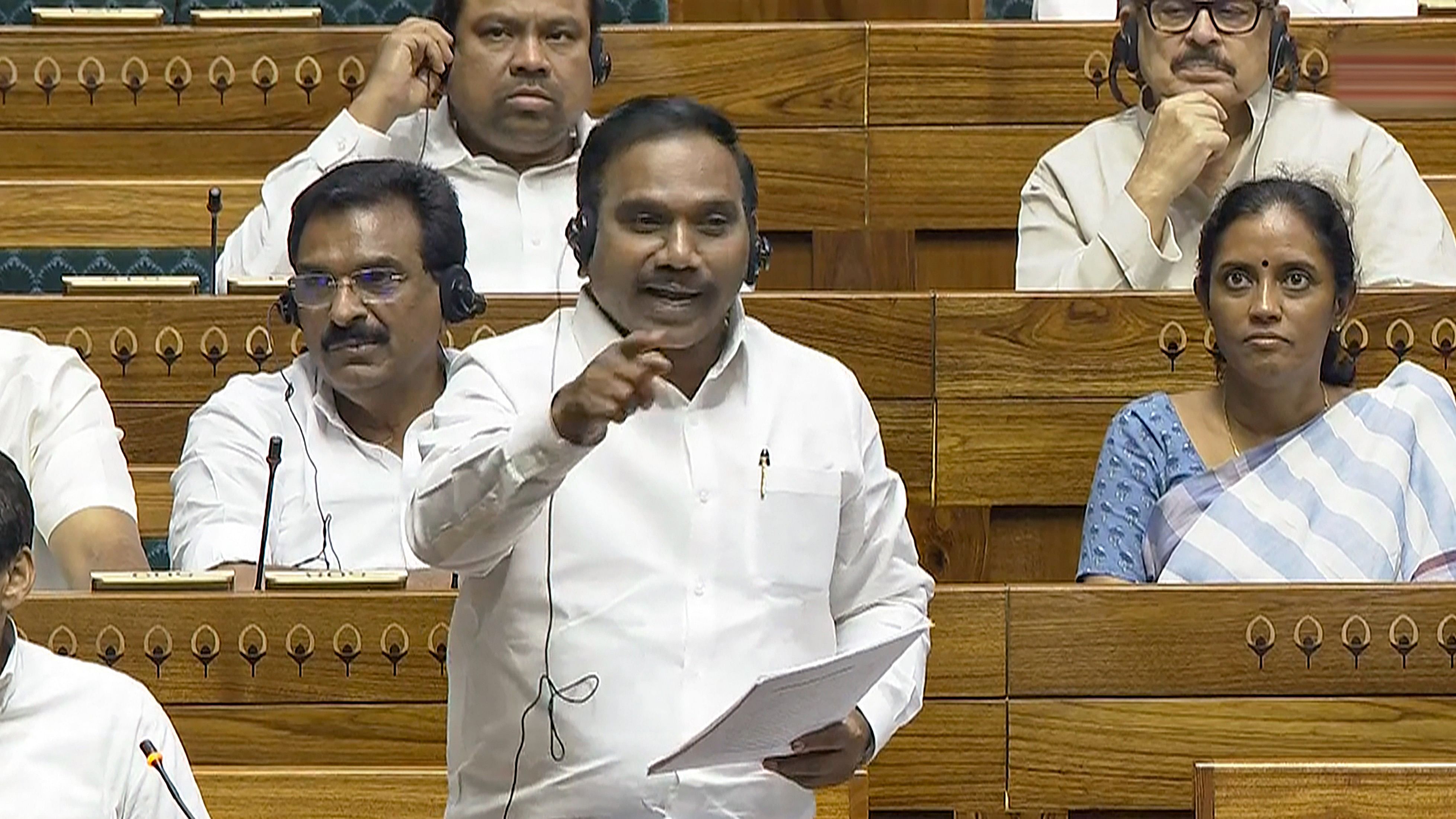 <div class="paragraphs"><p>DMK MP A Raja speaks in the Lok Sabha during ongoing Parliament session, in New Delhi, on Monday</p></div>