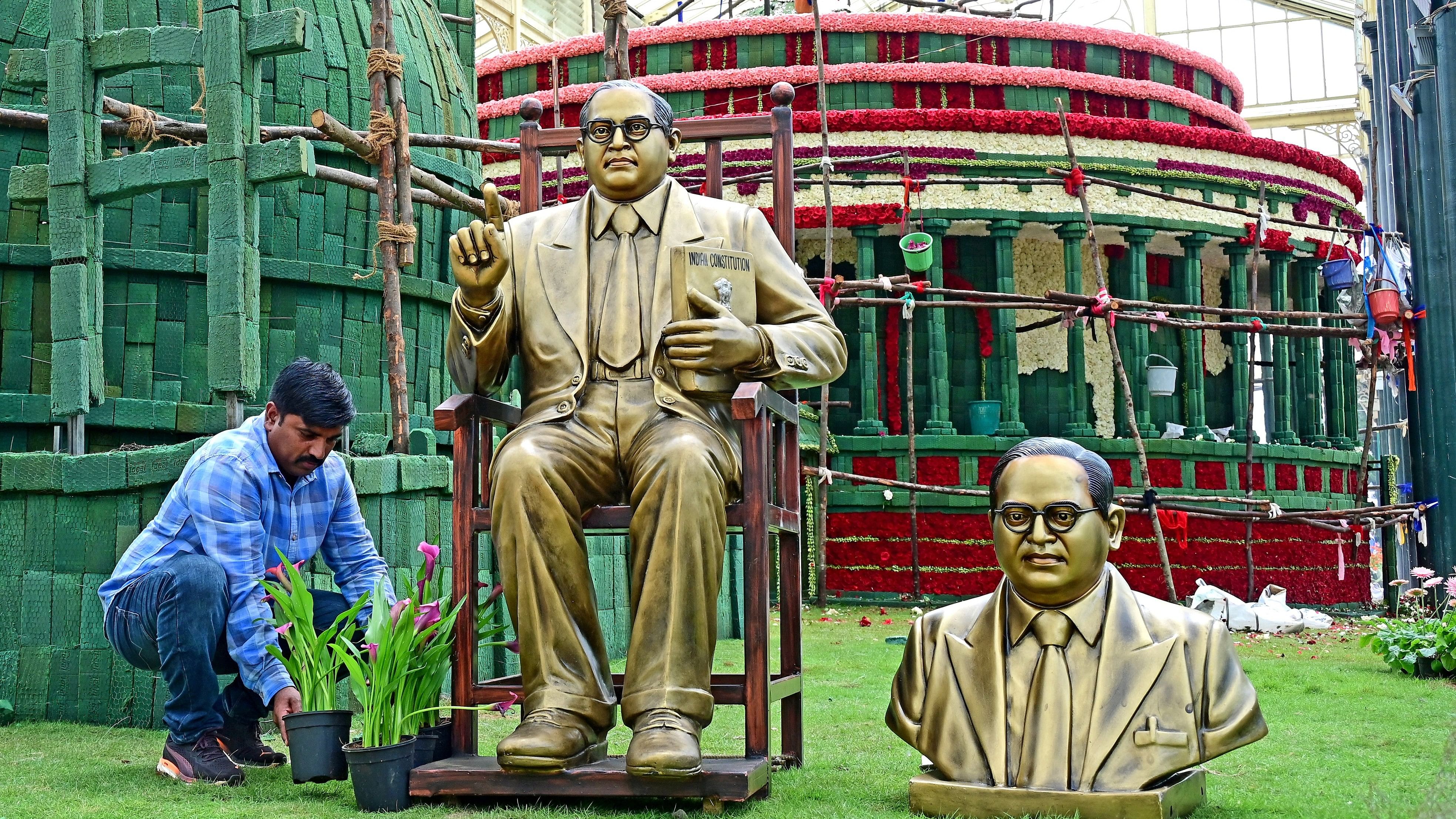 <div class="paragraphs"><p>A worker gets a 12-foot statue of Dr Ambedkar ready at the Lalbagh Botanical Gardens. The fair will be inaugurated by Chief Minister Siddaramaiah on Thursday. </p></div>