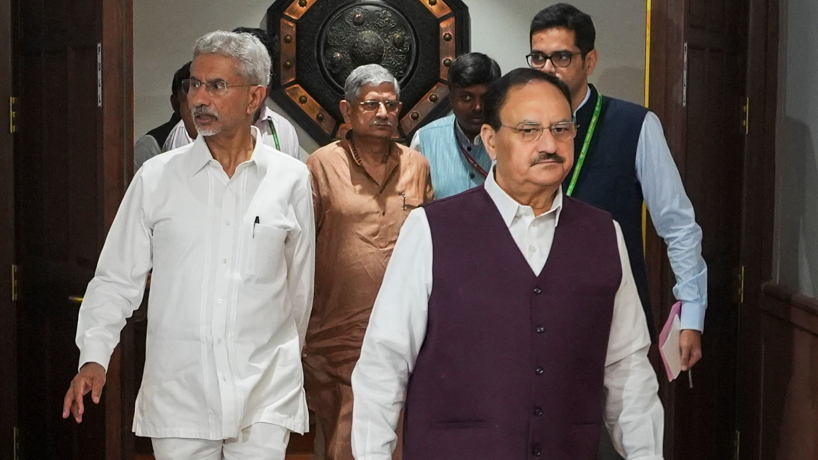 <div class="paragraphs"><p>External Affairs Minister S Jaishankar, Union Minister J P Nadda and others leave after an All-Party meeting about the ongoing developments in Bangladesh, at Parliament in New Delhi.</p></div>