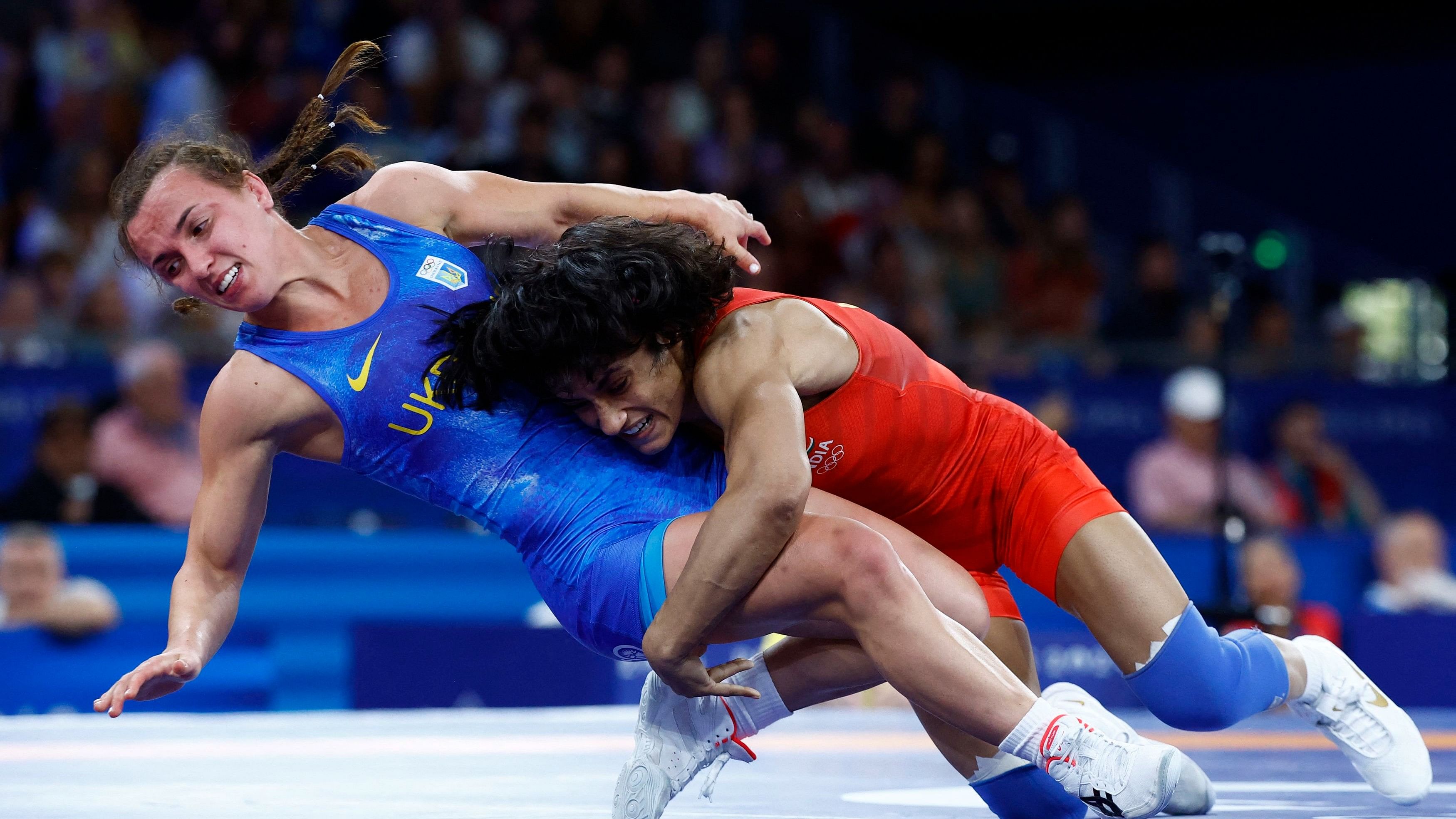 <div class="paragraphs"><p>Vinesh Phogat in action against Ukraine's Livach, August 6, 2024.</p></div>