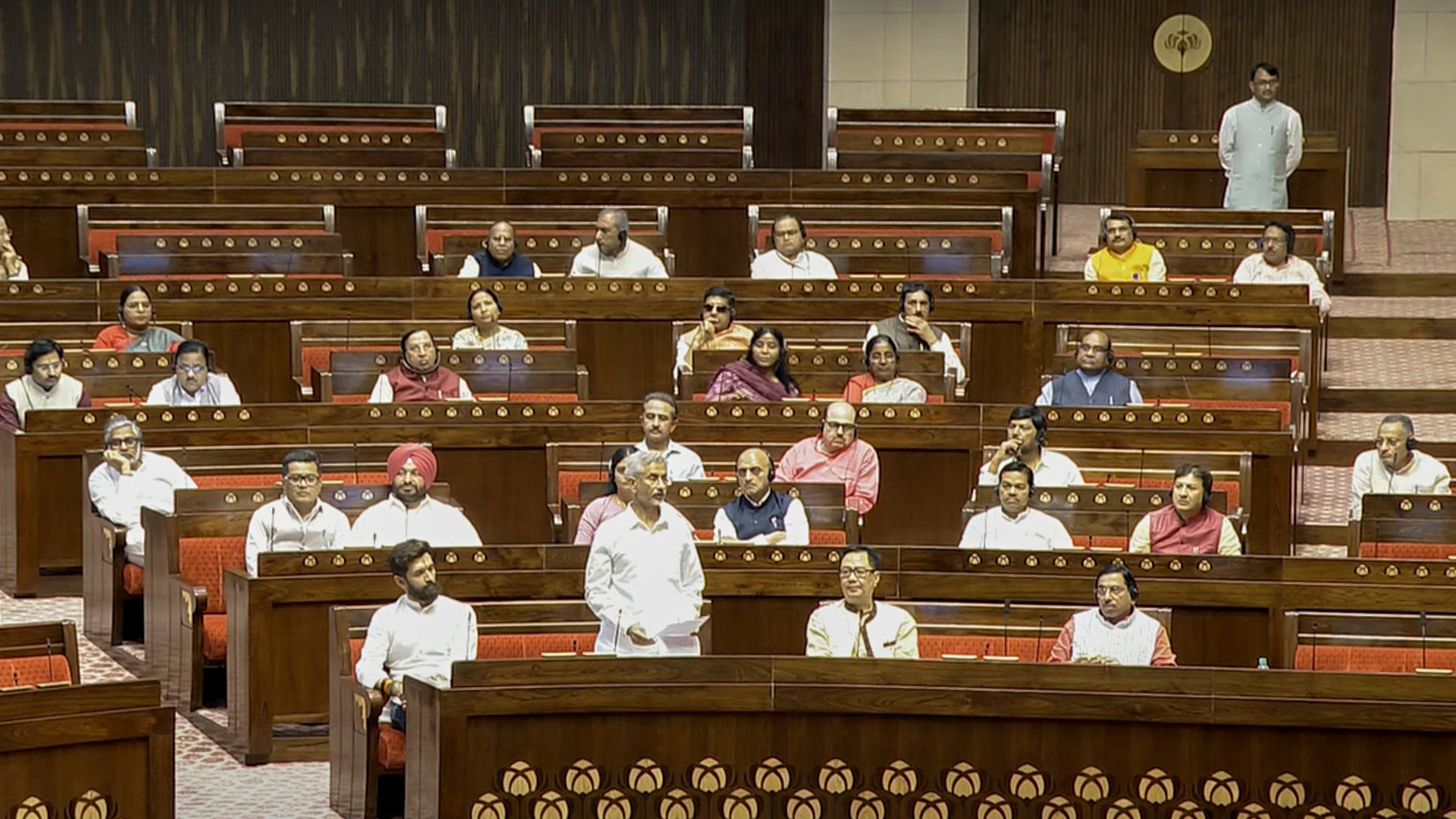 <div class="paragraphs"><p>Union External Affairs Minister S Jaishankar speaks in the Rajya Sabha as Union Ministers Chirag Paswan, Kiren Rijiju, Pralhad Joshi, J P Nadda and others look on during the Monsoon session of Parliament, in New Delhi.</p></div>