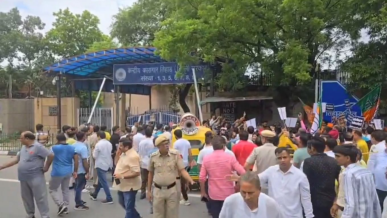 <div class="paragraphs"><p>Screengrab from a video showing the BJP protests outside Tihar jail, August 6, 2024.</p></div>