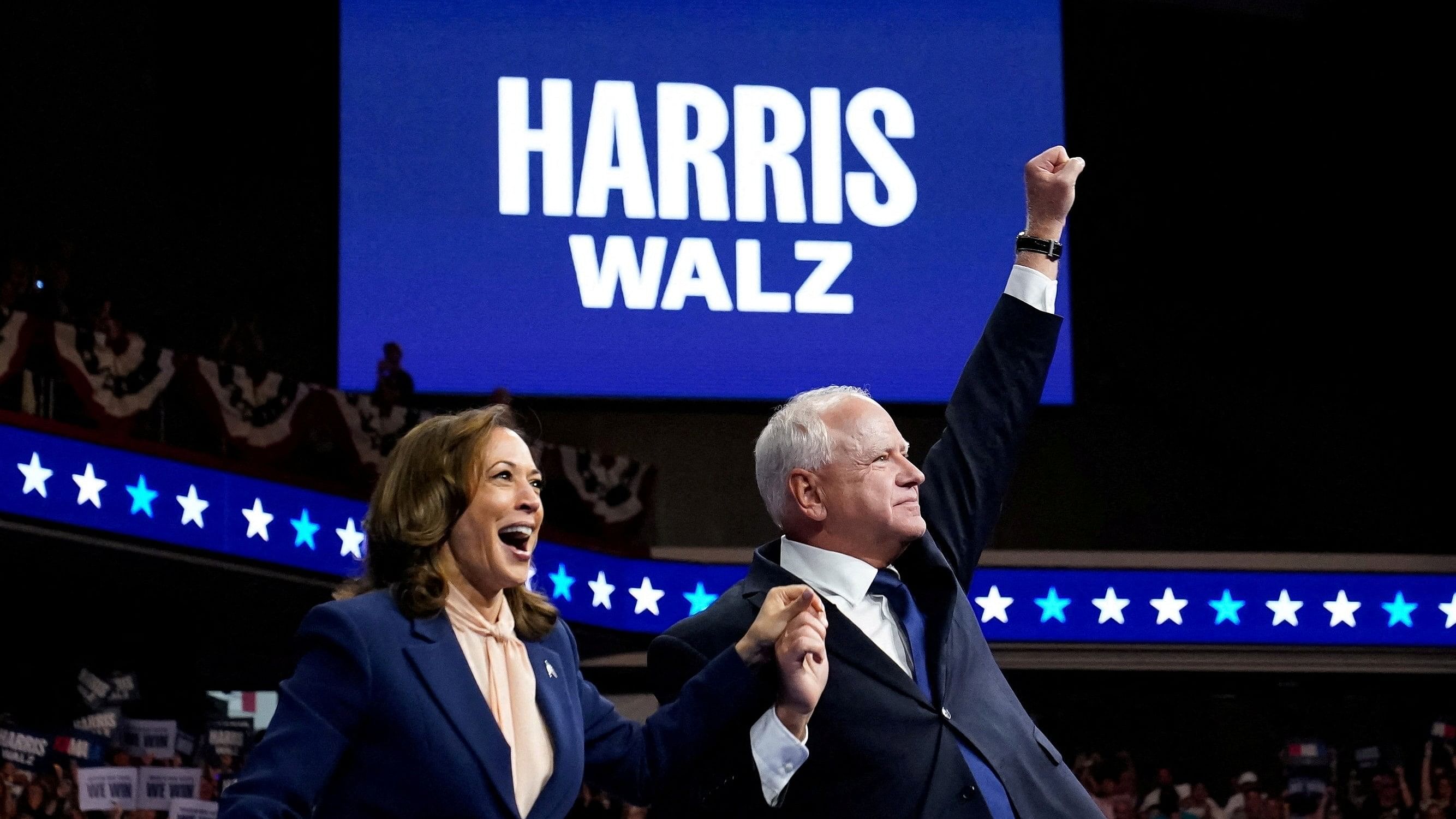 <div class="paragraphs"><p>US Vice President and Democratic presidential candidate Kamala Harris and her newly chosen vice presidential running mate Minnesota Governor Tim Walz react as they hold a campaign rally in Philadelphia, Pennsylvania, US, August 6, 2024. </p></div>