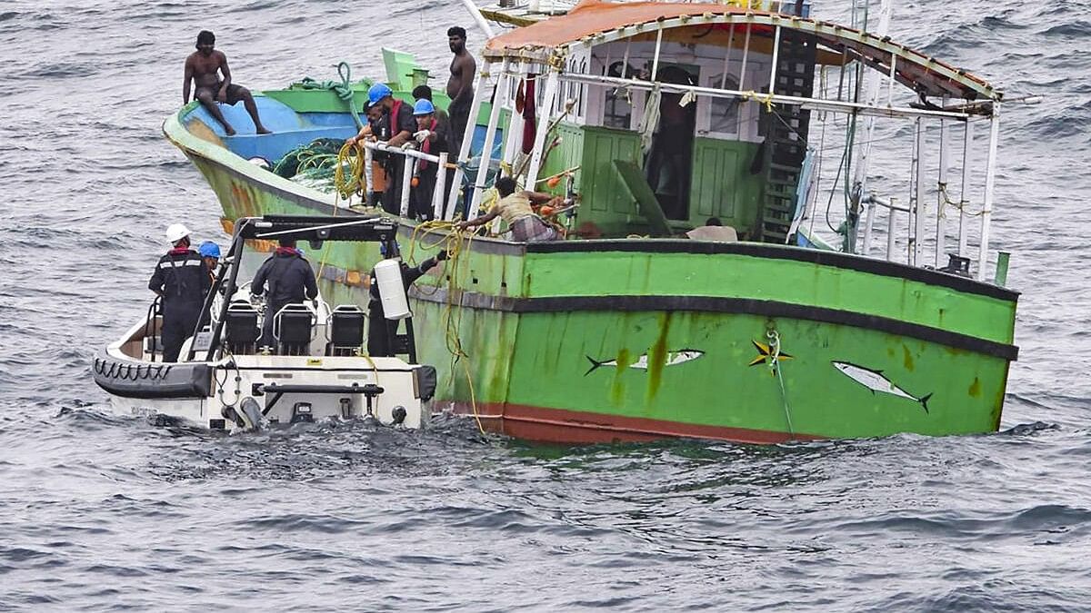 <div class="paragraphs"><p>File photo of an Indian coast guard boat near a fishing boat. (Representative image)</p></div>