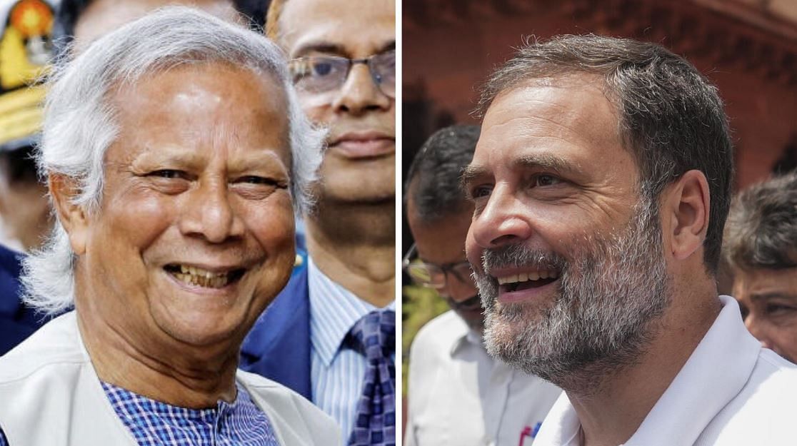 <div class="paragraphs"><p>Professor Muhammad Yunus (L) and Rahul Gandhi (R)</p></div>