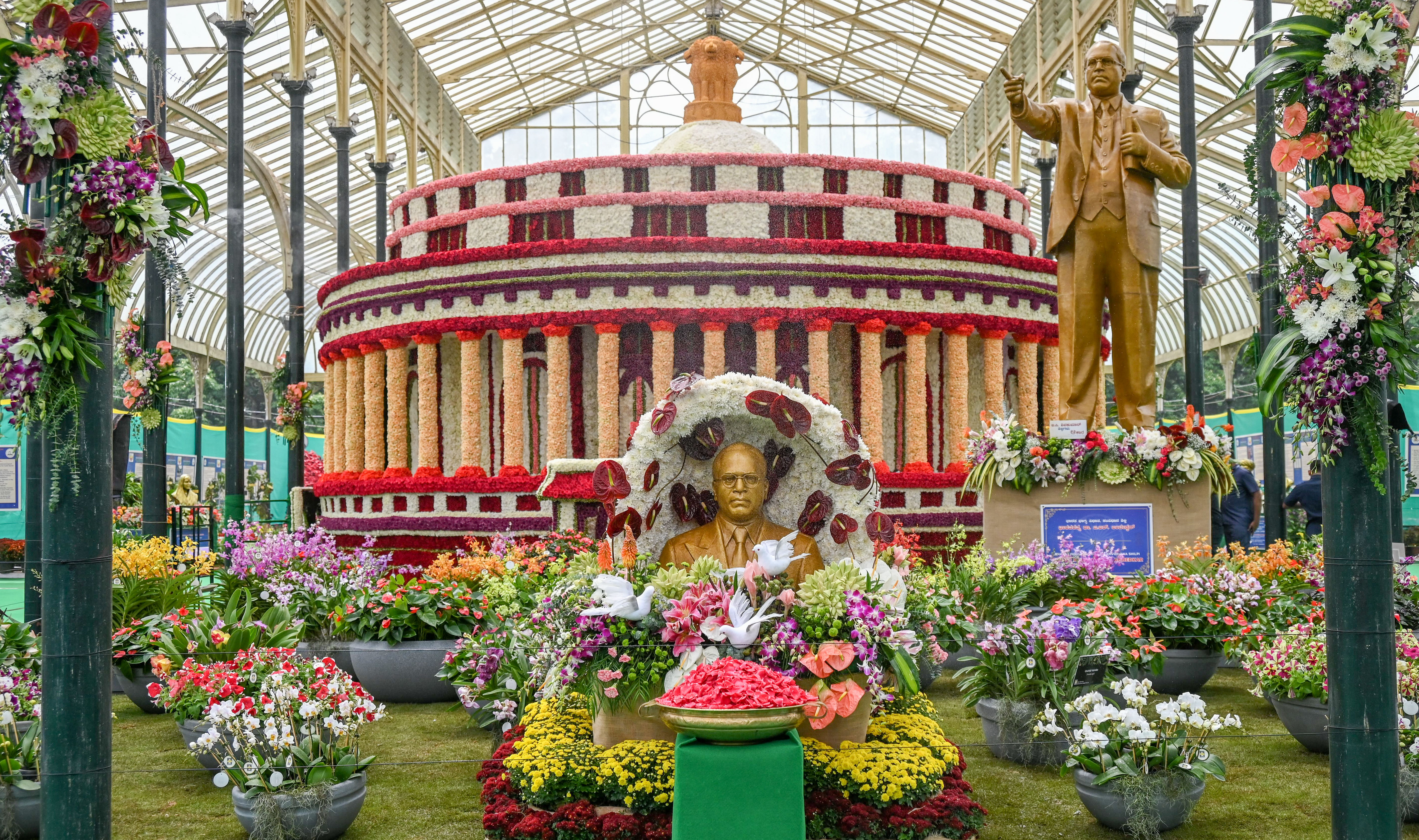 <div class="paragraphs"><p>Floral replicas of Dr Ambedkar’s birthplace and cremation spot Chaitya Bhoomi. </p></div>