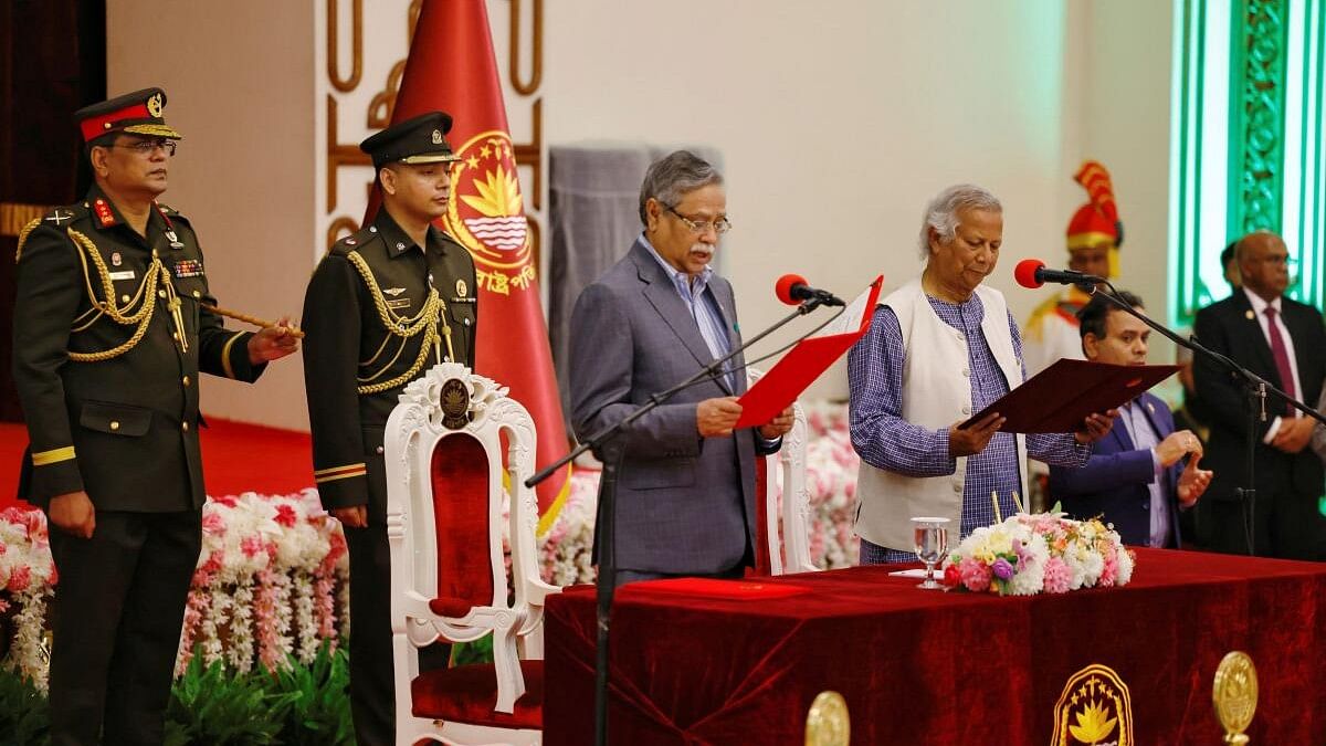 <div class="paragraphs"><p>Bangladeshi President Mohammed Shahabuddin administers oath-taking ceremony of Nobel laureate Muhammad Yunus as the country’s head of the interim government in Bangladesh in Dhaka.</p></div>