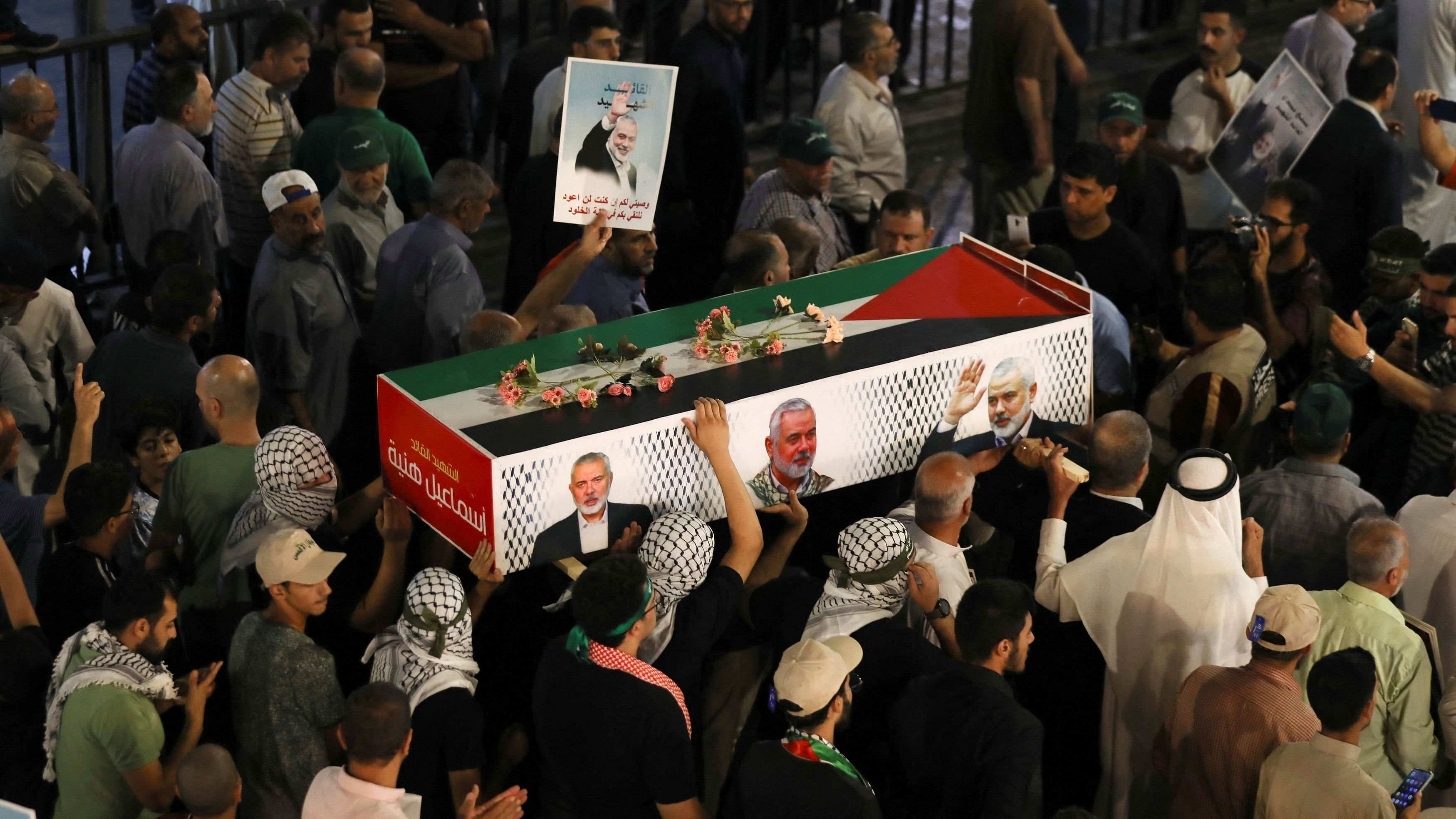 <div class="paragraphs"><p>Demonstrators take part in a symbolic funeral for Hamas leader Ismail Haniyeh who was killed in Iran, in Amman, Jordan August 3, 2024. </p></div>