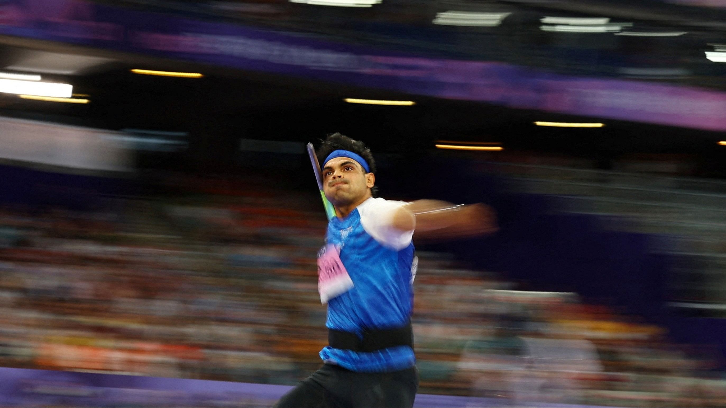 <div class="paragraphs"><p>Neeraj Chopra of India in action at the Paris 2024 Olympics in the Men's Javelin Throw Final in Stade de France, Saint-Denis, France on August 08, 2024. </p></div>