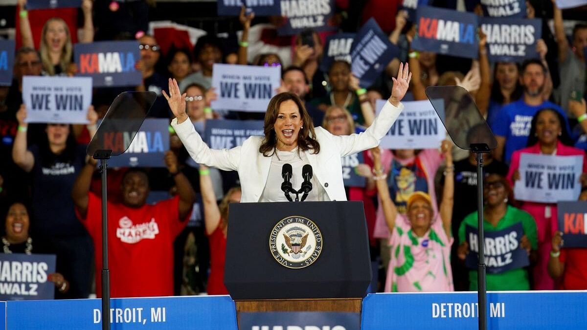 <div class="paragraphs"><p>US Vice President and Democratic Presidential candidate Kamala Harris speaks to supporters during a campaign rally in Romulus, Michigan.</p></div>