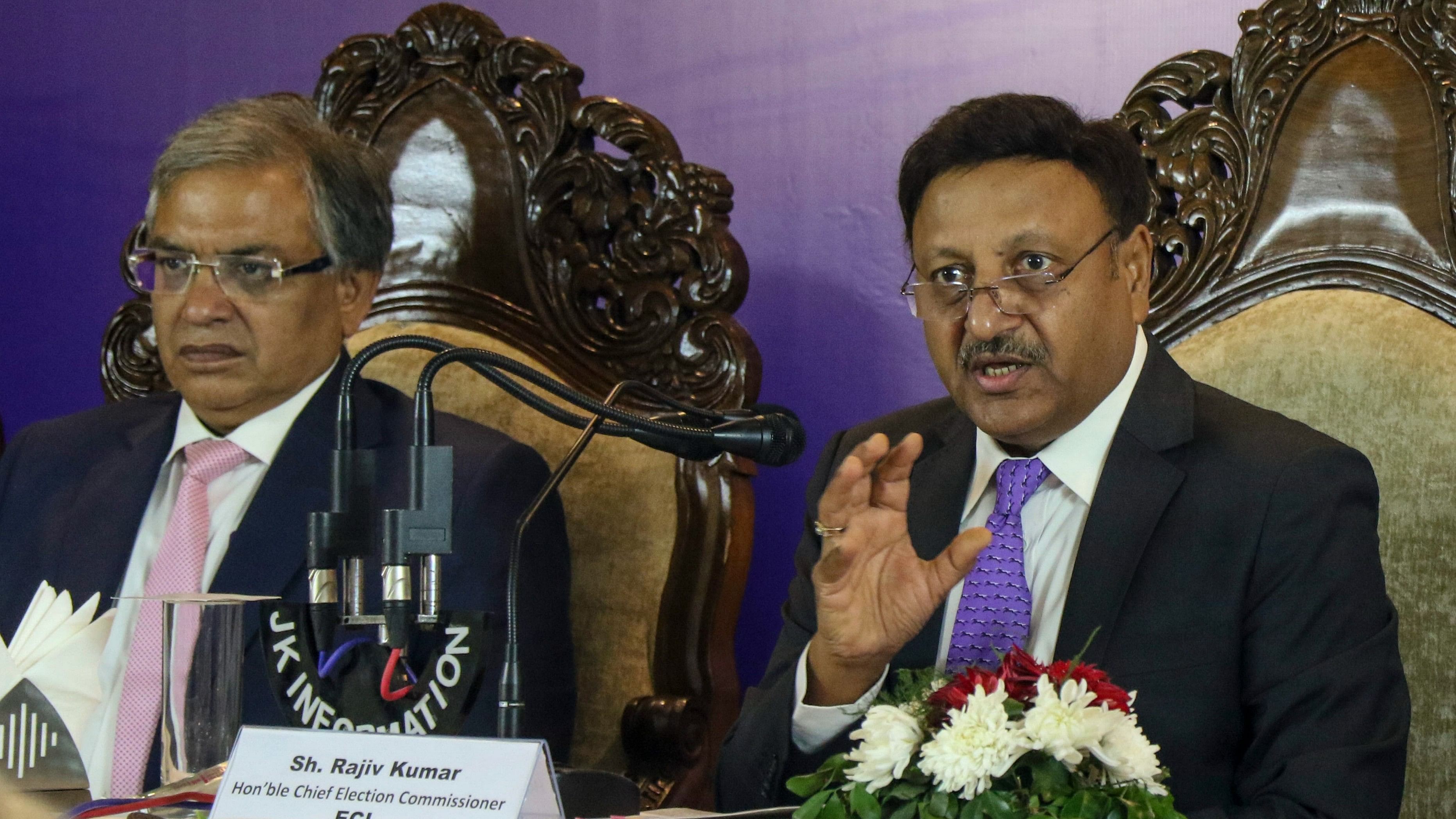 <div class="paragraphs"><p>Chief Election Commissioner Rajiv Kumar addresses a press conference, in Jammu, Friday, Aug 9, 2024. </p></div>