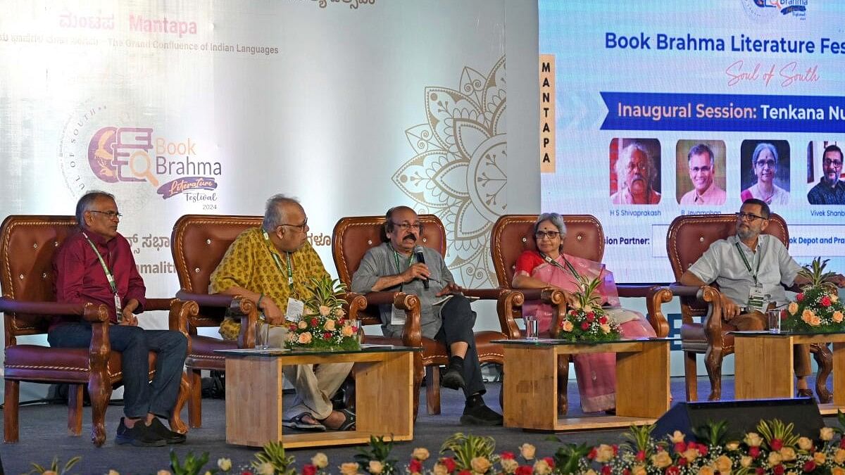 <div class="paragraphs"><p>(L-R) B Jeyamohan, H S Shivaprakash, K Satchidanandan, Volga and Vivek Shanbhag, talks at the inaugural session 'Tenkana Nudi Kaudi' on the first day of Book Brahma Literature Festival 2024, at St Joseph Auditorium in Bengaluru on Friday.</p></div>