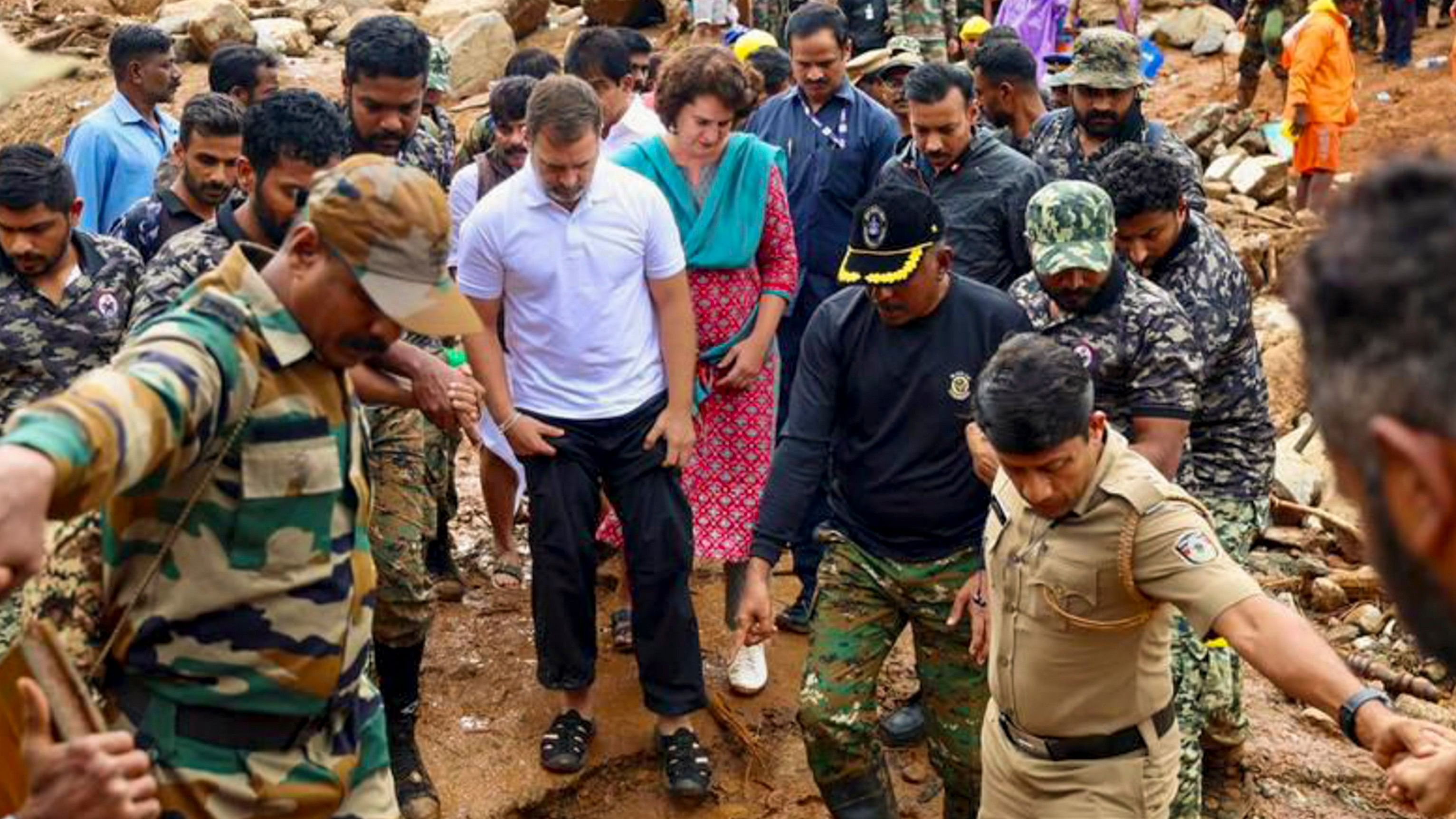 <div class="paragraphs"><p>Leader of Opposition in the Lok Sabha Rahul Gandhi with AICC General Secretary Priyanka Gandhi Vadra and party leader KC Venugopal visits a landslide-hit area, in Wayanad district, Friday, Aug. 2, 2024. </p></div>