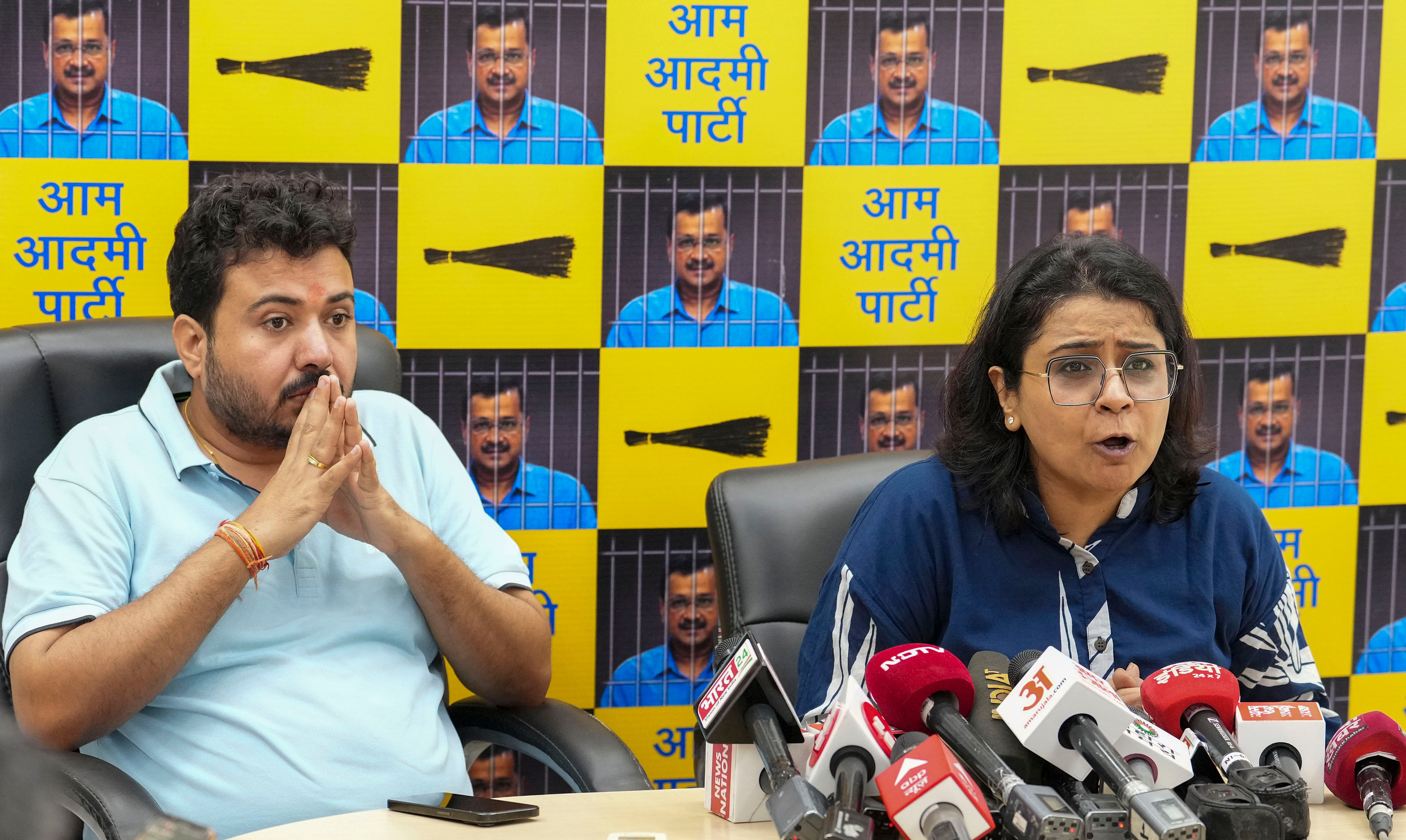 <div class="paragraphs"><p>New Delhi: AAP leaders Priyanka Kakkar and Durgesh Pathak address a press conference.</p></div>