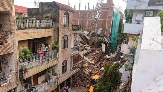 <div class="paragraphs"><p>A two-storey banquet hall collapsed in northwest Delhi's Model Town area during heavy afternoon rain on Saturday.&nbsp;</p></div>