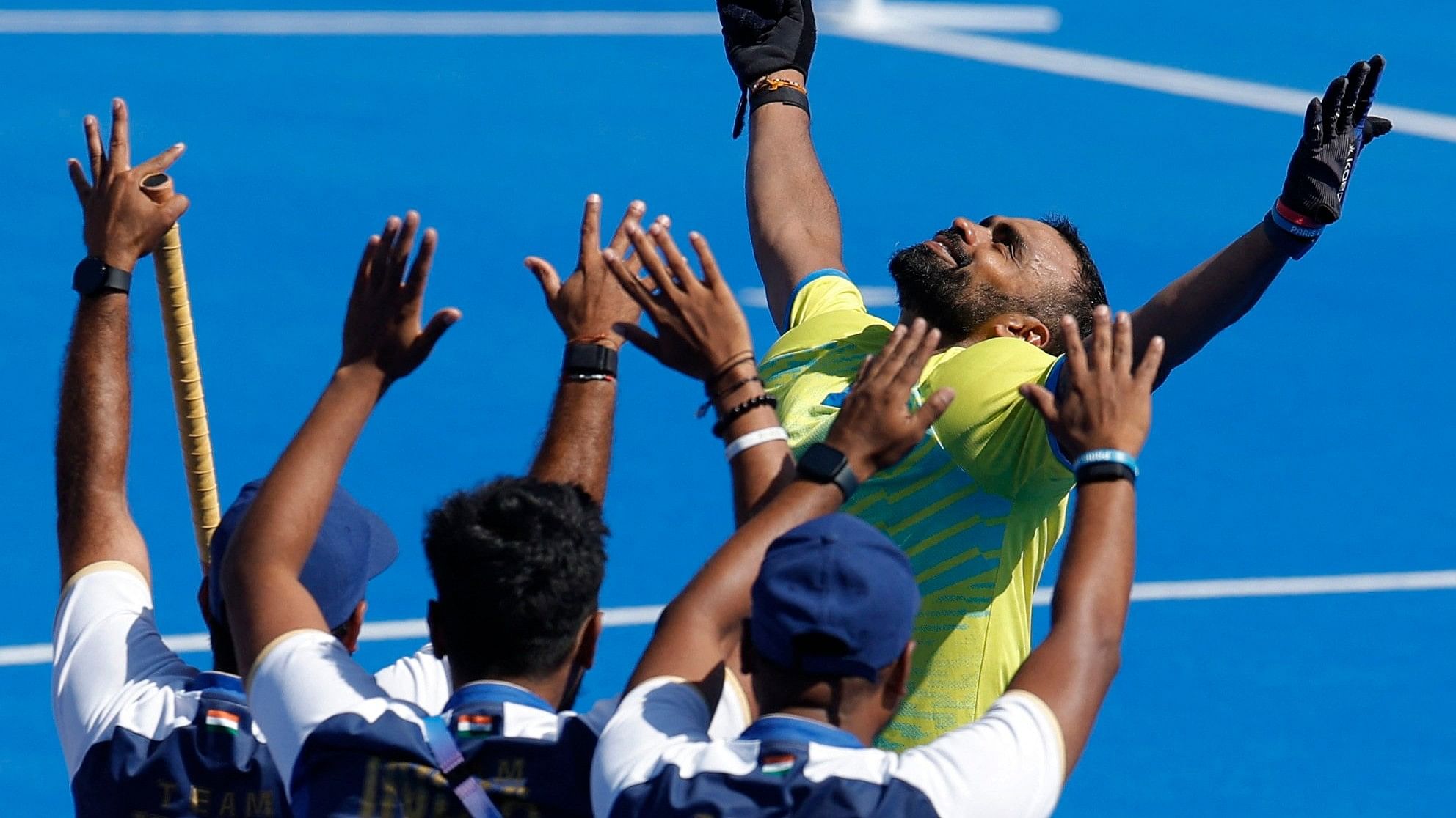 <div class="paragraphs"><p>Sreejesh Parattu Raveendran of India celebrates winning the match and his retirement from the team. </p></div>