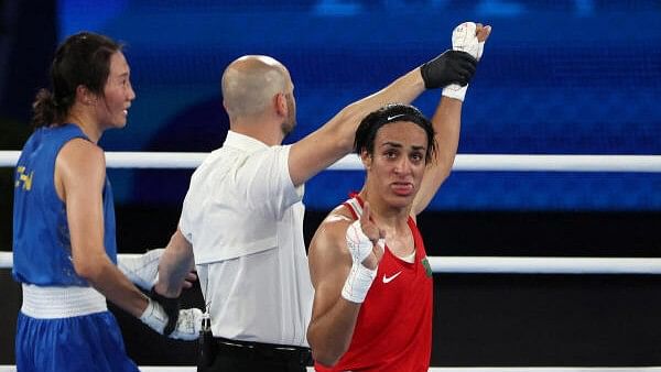 <div class="paragraphs"><p> Imane Khelif of Algeria celebrates winning against Liu Yang of China.</p></div>