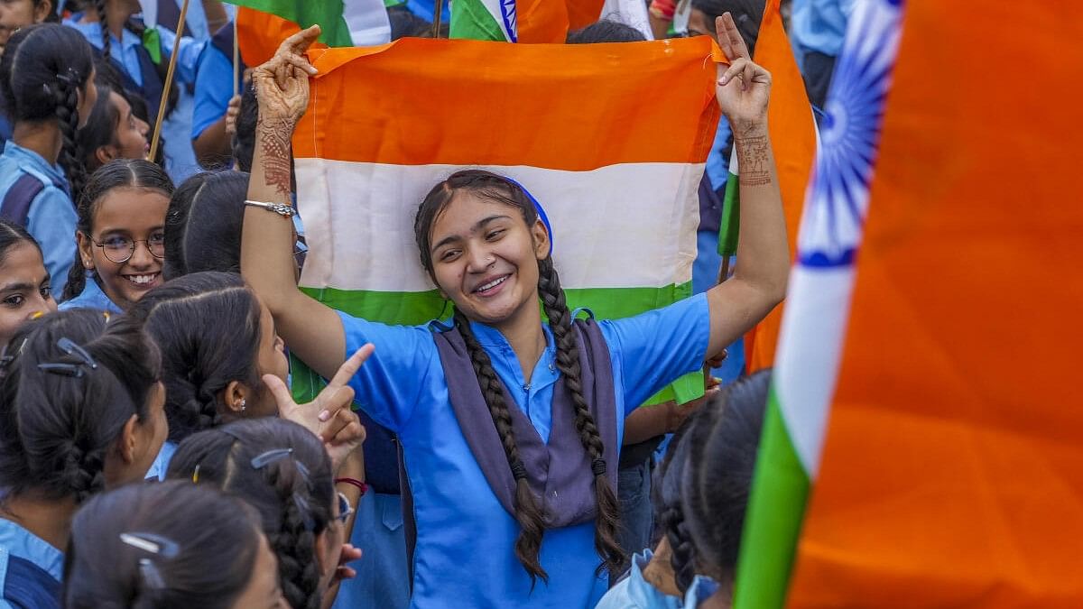 <div class="paragraphs"><p>Students participate in a ‘tiranga rally’ during ‘Har Ghar Tiranga’ campaign ahead of the 78th Independence Day celebrations, in Beawar.</p></div>