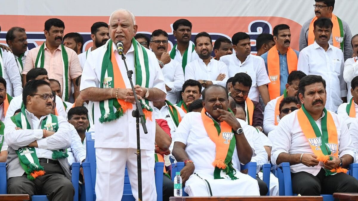 <div class="paragraphs"><p>B S Yediyurappa speaking at Mysuru Chaloo BJP and JD(S) Padayatra.</p></div>