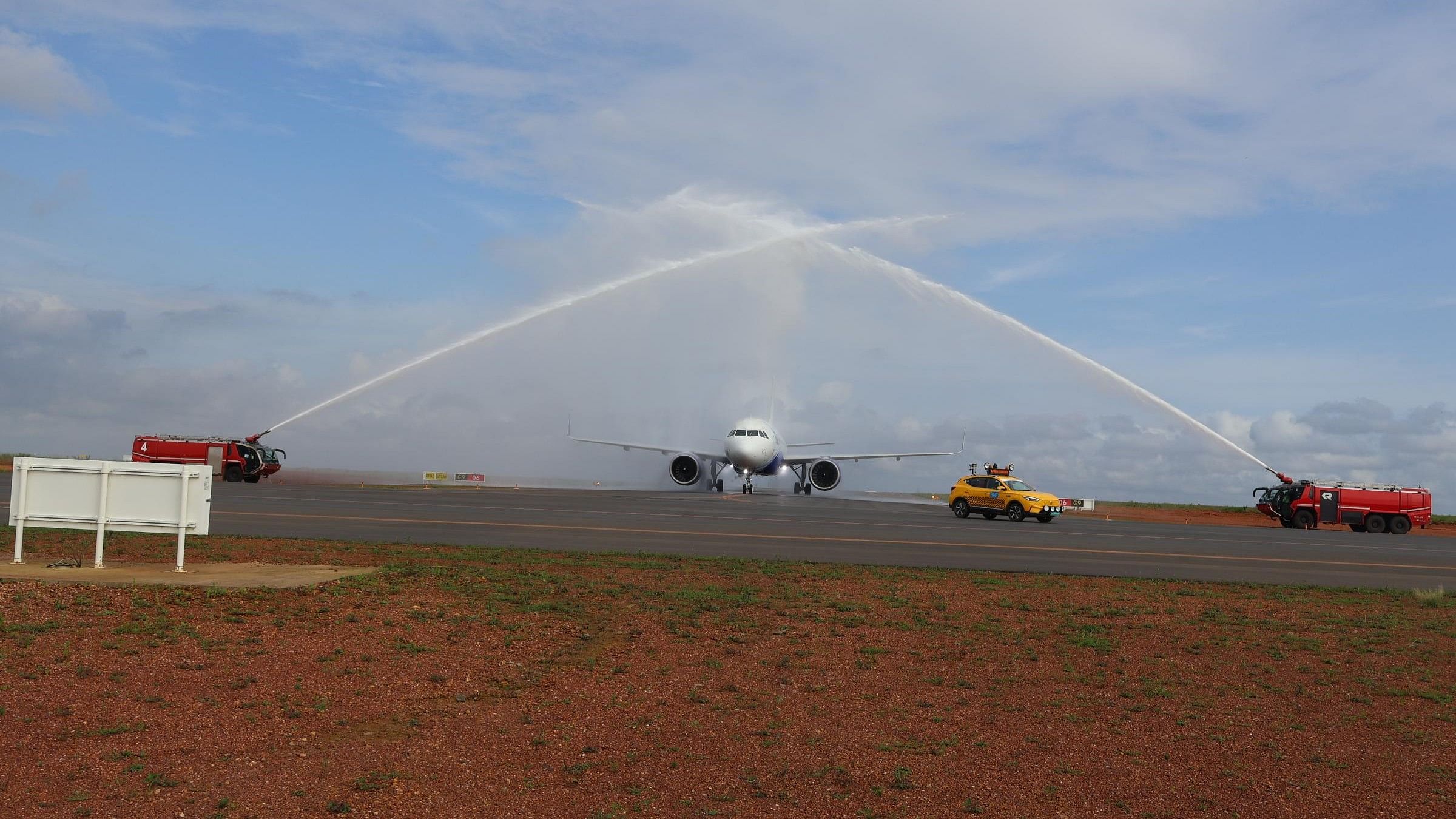 <div class="paragraphs"><p>A traditional water cannon salute being accorded to the maiden Abu Dhabi-Mangaluru IndiGo flight 6E 1443 on arrival at Mangaluru International Airport on Saturday. </p></div>