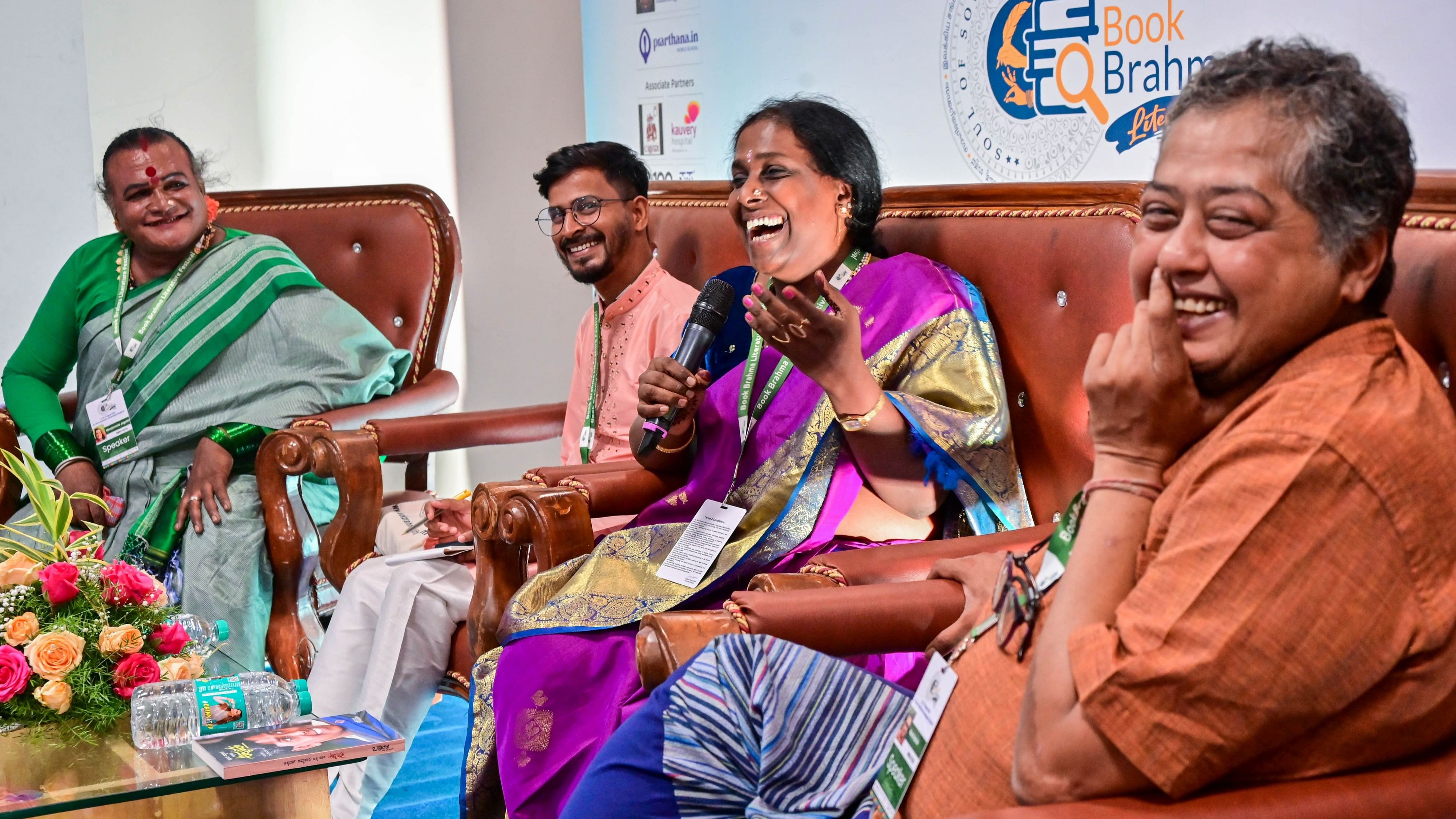 <div class="paragraphs"><p>Rights activist Akkai Padmashali speaks at a session on 'Gender Sensitivity in South Indian Languages' at the Book Brahma Literature Festival. Activists Manjamma Jogathi, Malavika (Lakshman) and Rumi Harish look on. </p></div>