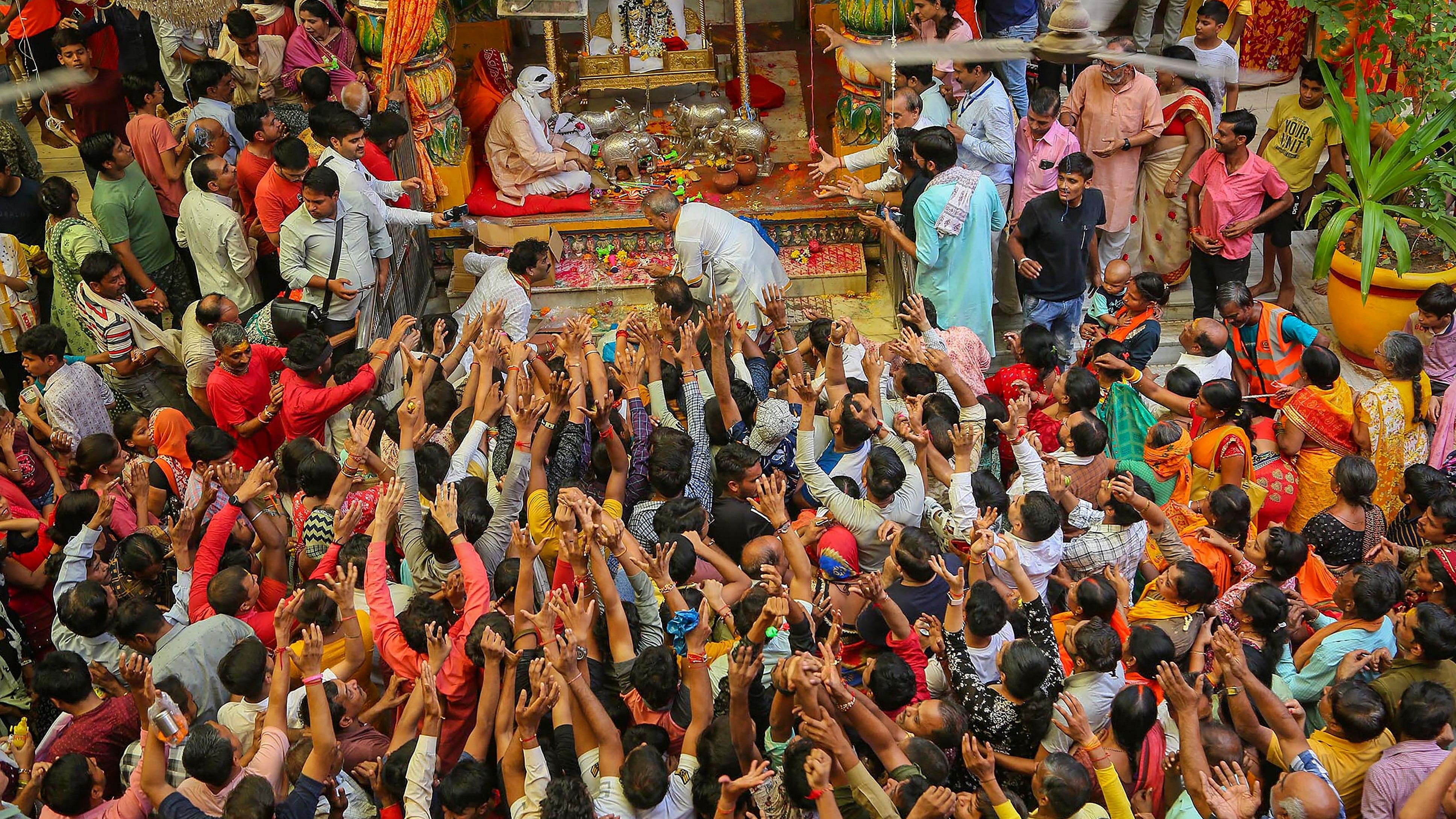 <div class="paragraphs"><p>Mathura: Devotees at Sri Dwarkadheesh temple during 'Nandotsav' celebrations, a concluding part of Janmashtami festival in Mathura on September 8, 2023. </p></div>