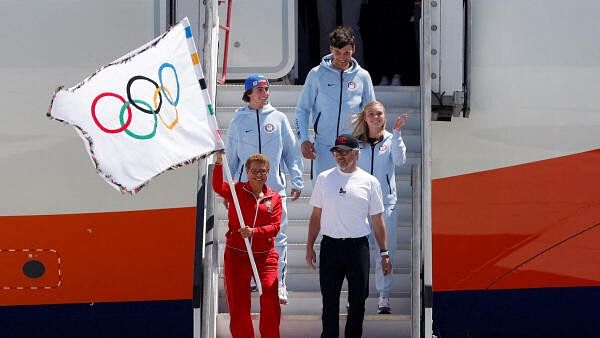 <div class="paragraphs"><p>Los Angeles Mayor Karen Bass and LA28 Chairman Casey Wasserman return the official Olympic flag to Los Angeles for the first time in 40 years ahead of the 2028 Games, in Los Angeles, California, US August 12, 2024.</p></div>