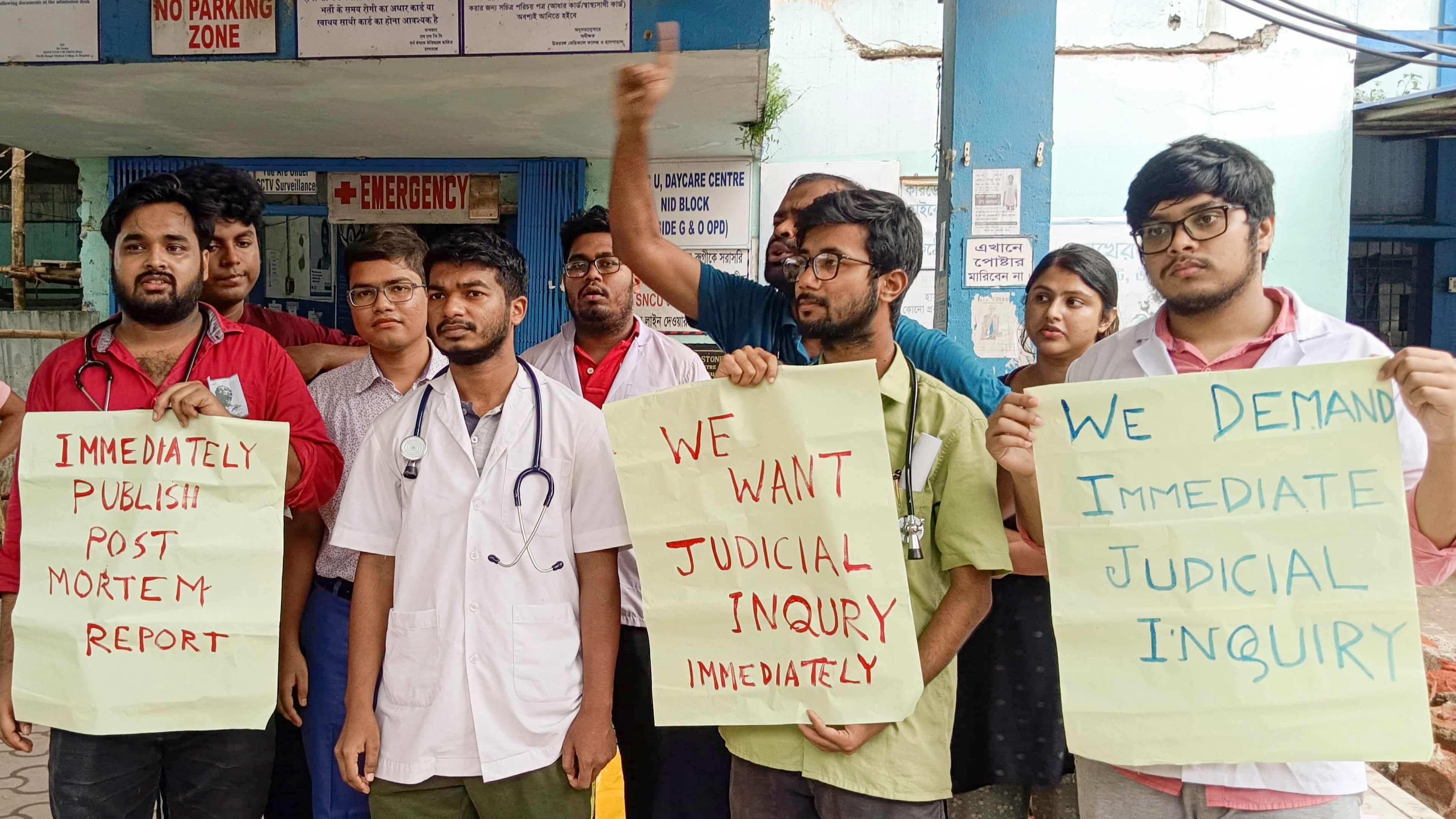 <div class="paragraphs"><p>Junior doctors and medical students stage a protest outside North Bengal Medical College and Hospital (NBMC&amp;H) against the sexual assault and murder of a postgraduate trainee doctor in RG Kar Medical College &amp; Hospital, in Kolkata.</p></div>