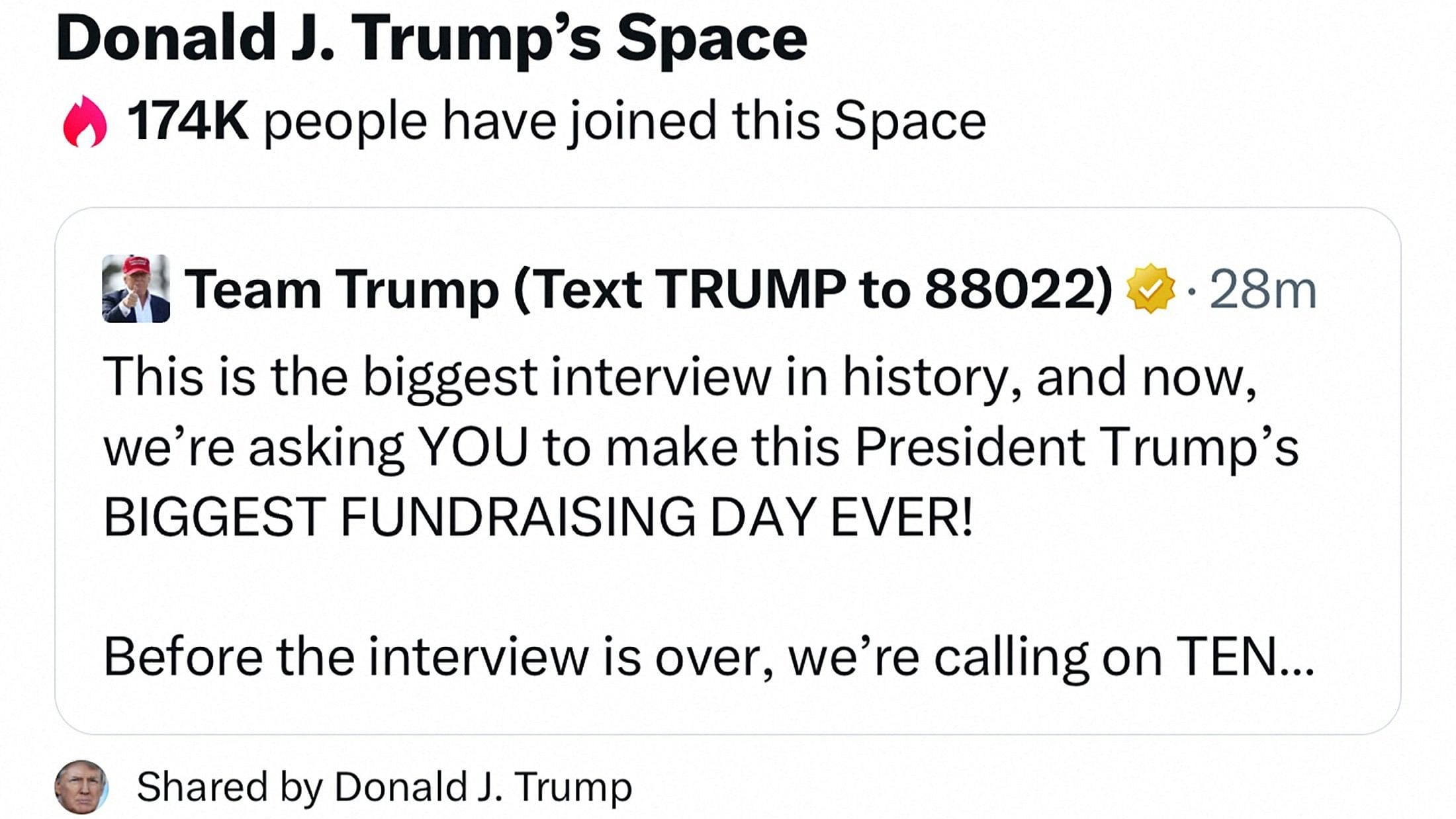 <div class="paragraphs"><p>Donald J. Trump's Space is seen in a screenshot from the X social media network as only music plays while facing technical issues, during the time that Billionaire entrepreneur Elon Musk was due to interview Republican presidential candidate and former U.S. President Donald Trump August 12, 2024.  </p></div>