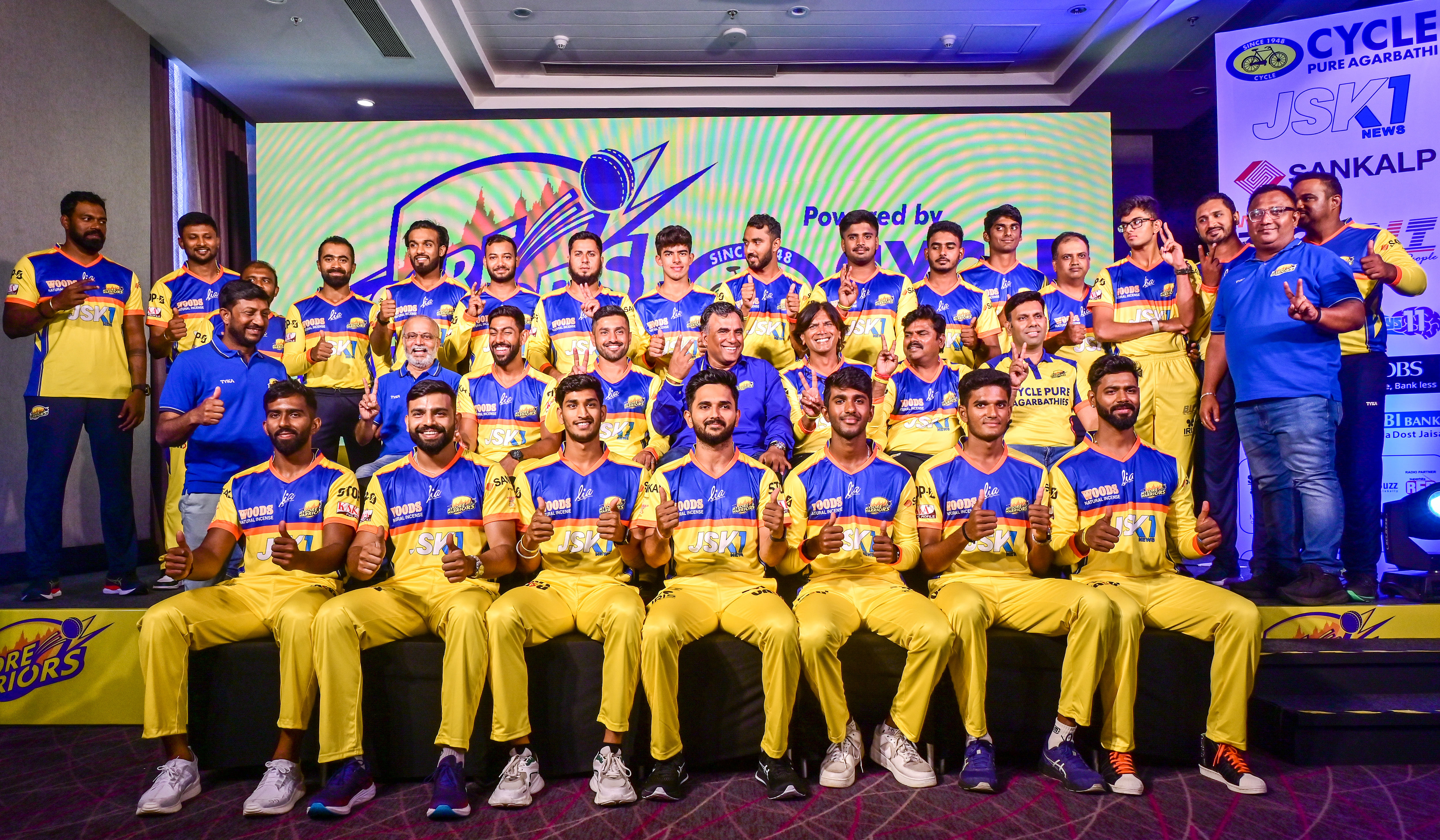 <div class="paragraphs"><p>Mysore Warriors squad members during their jersey unveiling in Bengaluru.&nbsp;</p></div>