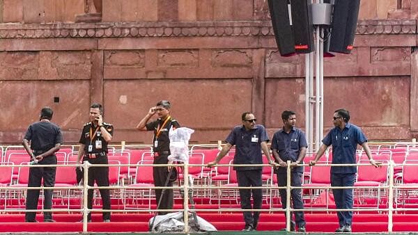 <div class="paragraphs"><p>Security personnel at the Red Fort premises for the Independence Day celebrations, in New Delhi.</p></div>