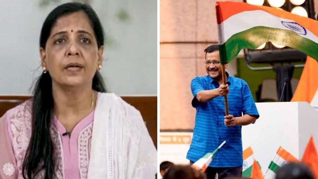 <div class="paragraphs"><p>Sunita Kejriwal and (R)&nbsp;Arvind Kejriwal waving the national flag</p></div>