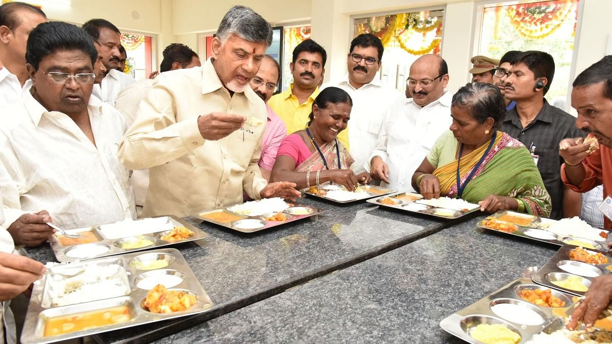 <div class="paragraphs"><p>Andhra Pradesh Chief Minister N Chandrababu Naidu tastes food at an Anna Canteen in Vijayawada. </p></div>