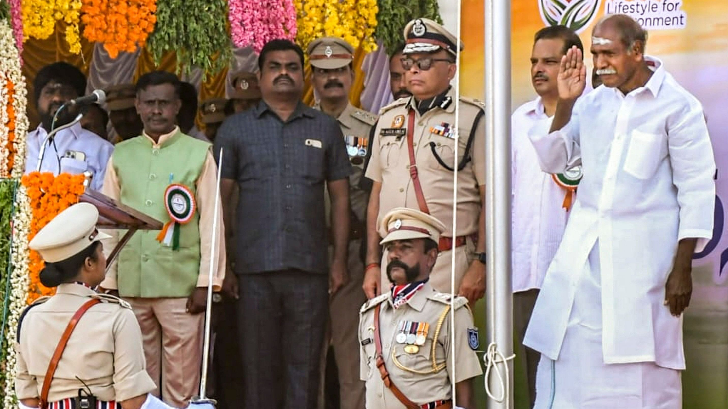 <div class="paragraphs"><p>Puducherry Chief Minister N Rangaswamy takes the salute during the 78th Independence Day celebrations, in Puducherry, Thursday, Aug. 15, 2024. </p></div>