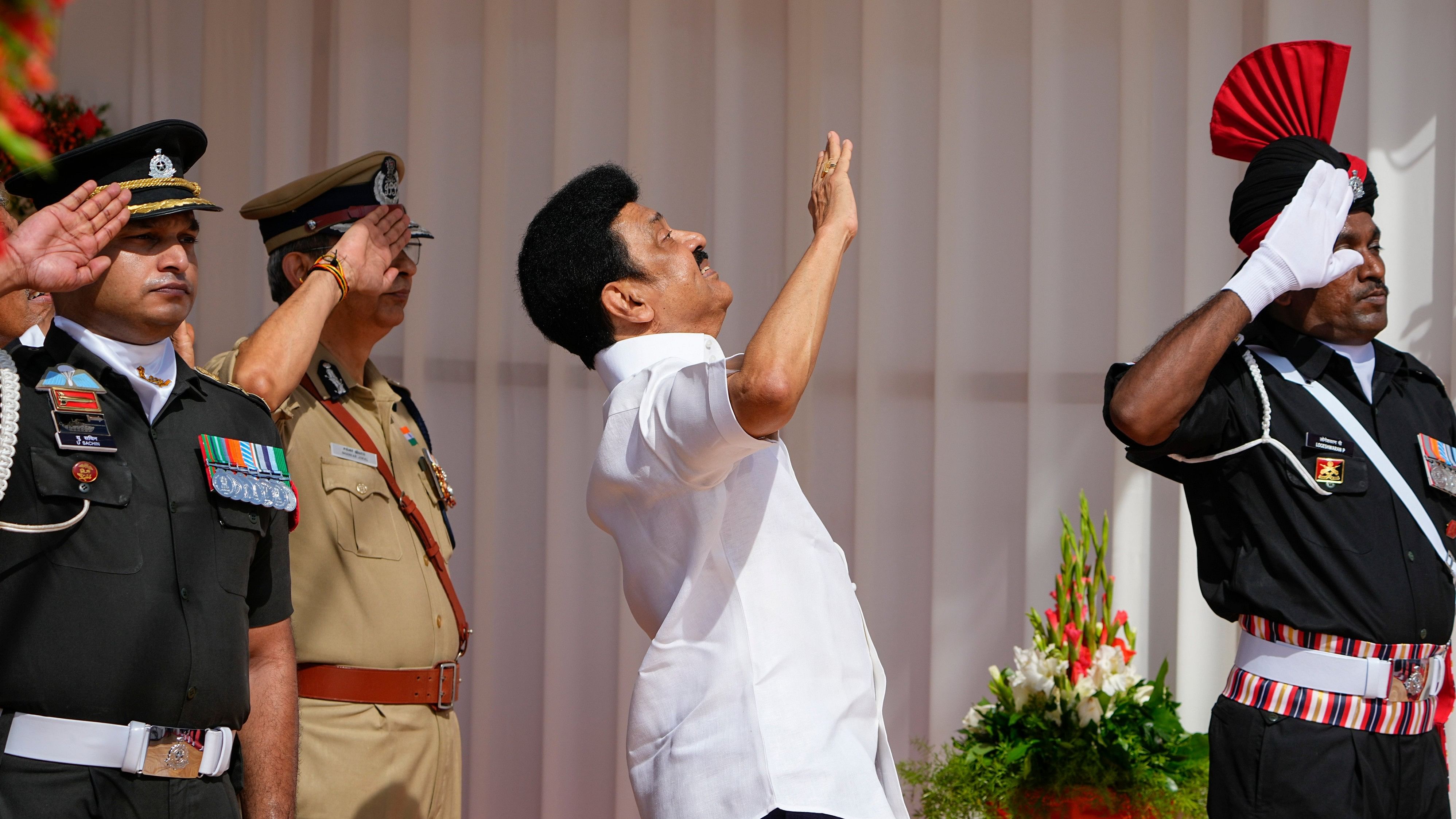 <div class="paragraphs"><p>Tamil Nadu Chief Minister MK Stalin during hoisting of the National flag on the 78th Independence day at the state secretariat, in Chennai.</p></div>