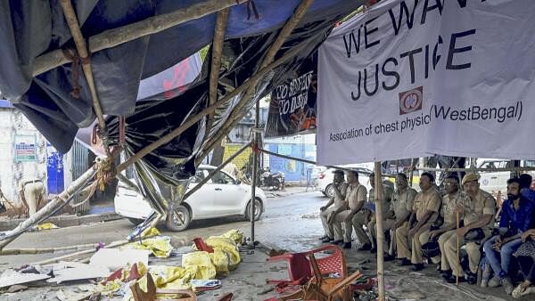 <div class="paragraphs"><p>A vandalised protest site outside RG Kar Medical College and Hospital amid demonstrations against the alleged rape and murder of a post graduate trainee doctor, in Kolkata.</p></div>