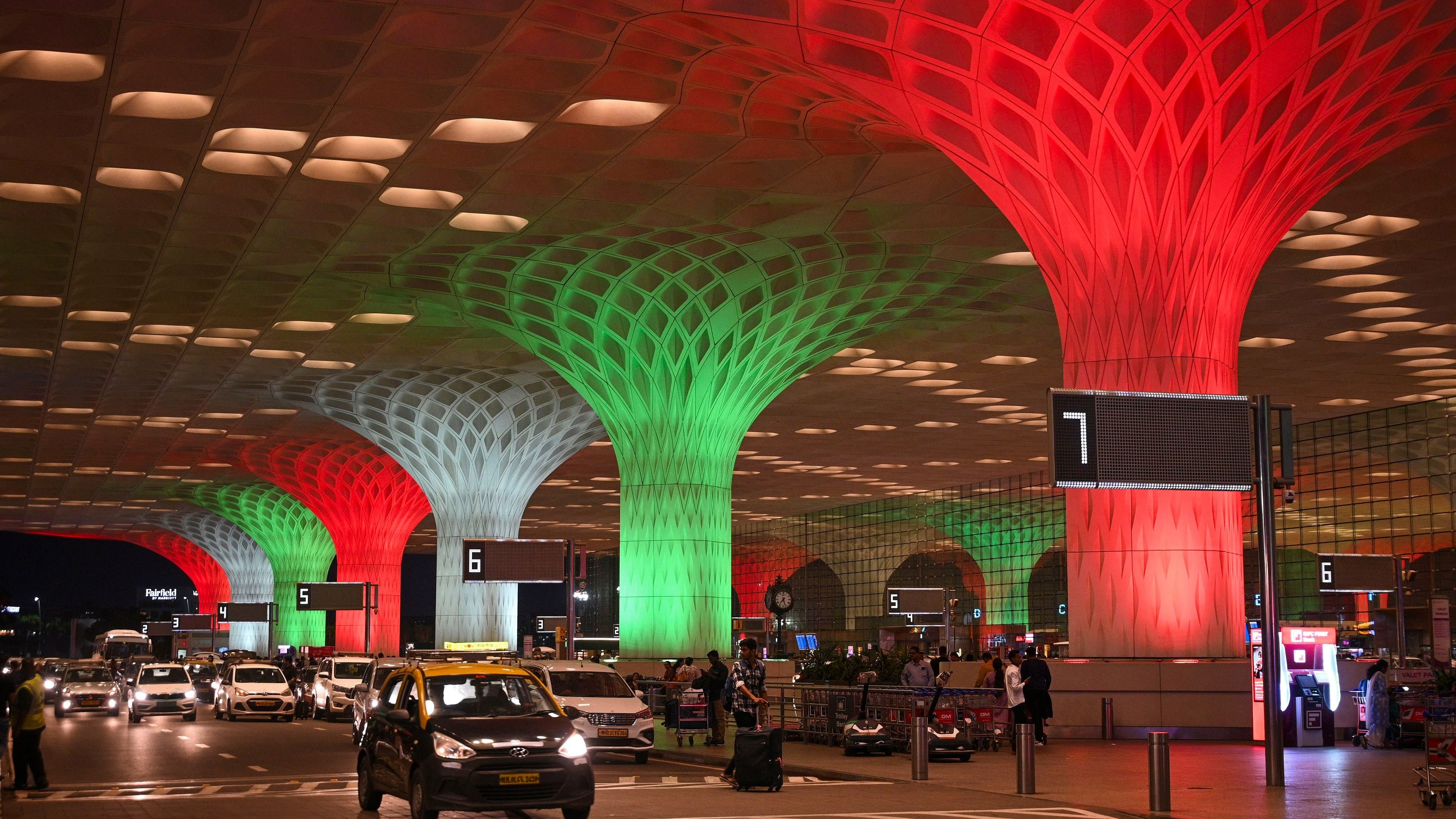 <div class="paragraphs"><p>International airport illimuted with tri-colour on the occasion Independence Day, in Mumbai. (Image for representation)</p></div>