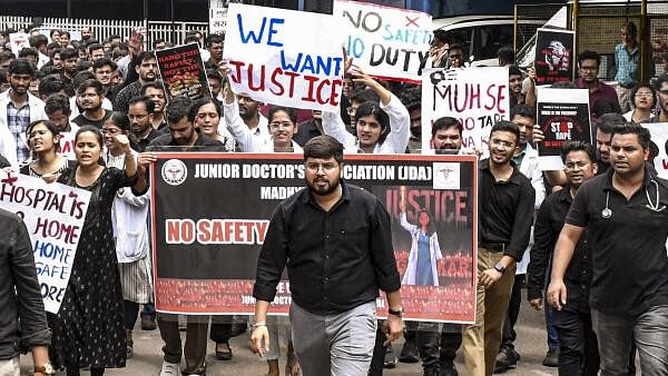 <div class="paragraphs"><p>octors of Hamidia Hospital take part in a protest rally against the alleged rape and murder of a woman doctor at Kolkata's R G Kar Medical College and Hospital, in Bhopal.&nbsp;</p></div>