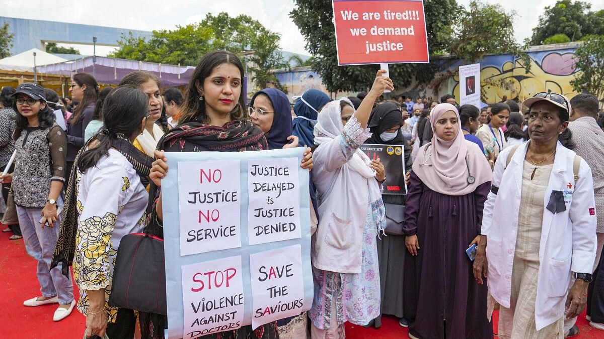 <div class="paragraphs"><p>Resident doctors stage a protest in Bengaluru.</p></div>