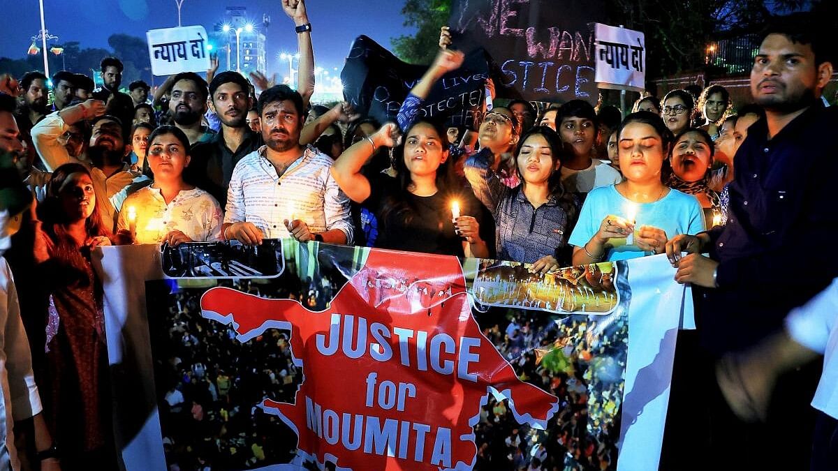 <div class="paragraphs"><p>NSUI students take part in a protest march against the incident of rape and murder of a young medic in Kolkata, in Jaipur, Friday, August 16, 2024.</p></div>