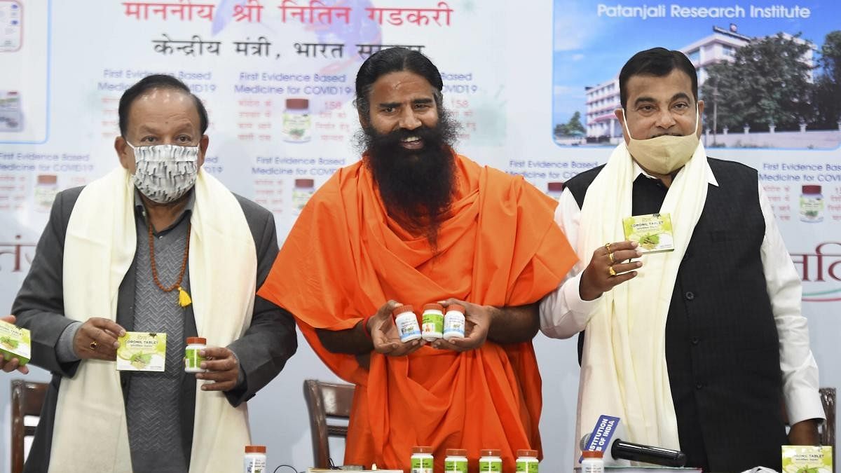 <div class="paragraphs"><p>A file of Ramdev&nbsp; releasing&nbsp;Patanjali medicine for Covid-19 in the presence of then union ministers Nitin Gadkari and Dr Harsh Vardhan.</p></div>